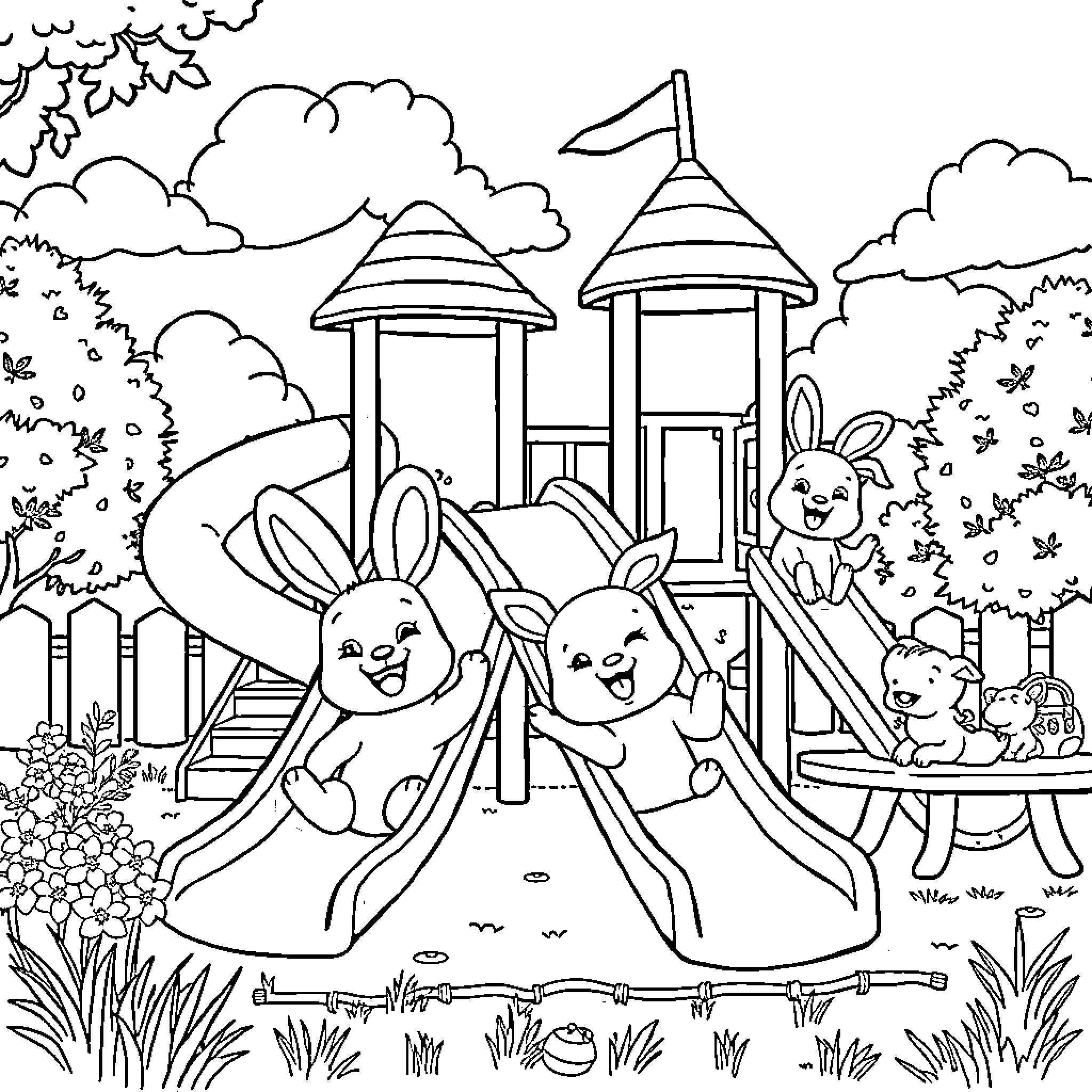 Animal playing on playground equipment in the park Coloring Page (free black-and-white line drawing printable PDF for all, from beginners to advanced learners, including children, teens, adults, and seniors)