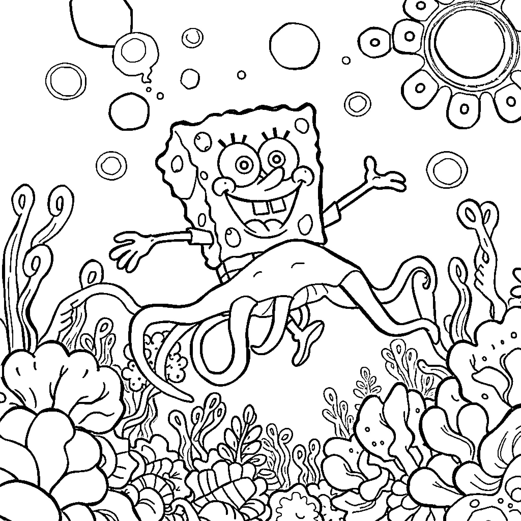 Spongebob exploring the underwater world with delight Coloring Page (free black-and-white line drawing printable PDF for all, from beginners to advanced learners, including children, teens, adults, and seniors)