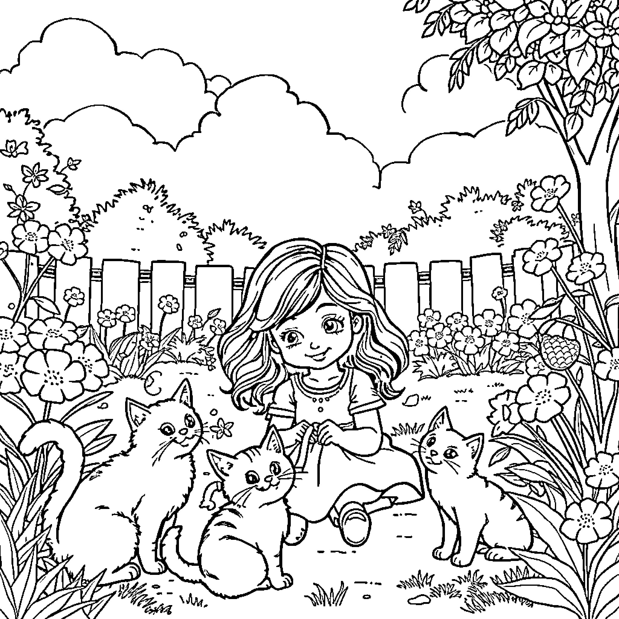 Cat girl and her furry friends in a floral garden Coloring Page (free black-and-white line drawing printable PDF for all, from beginners to advanced learners, including children, teens, adults, and seniors)