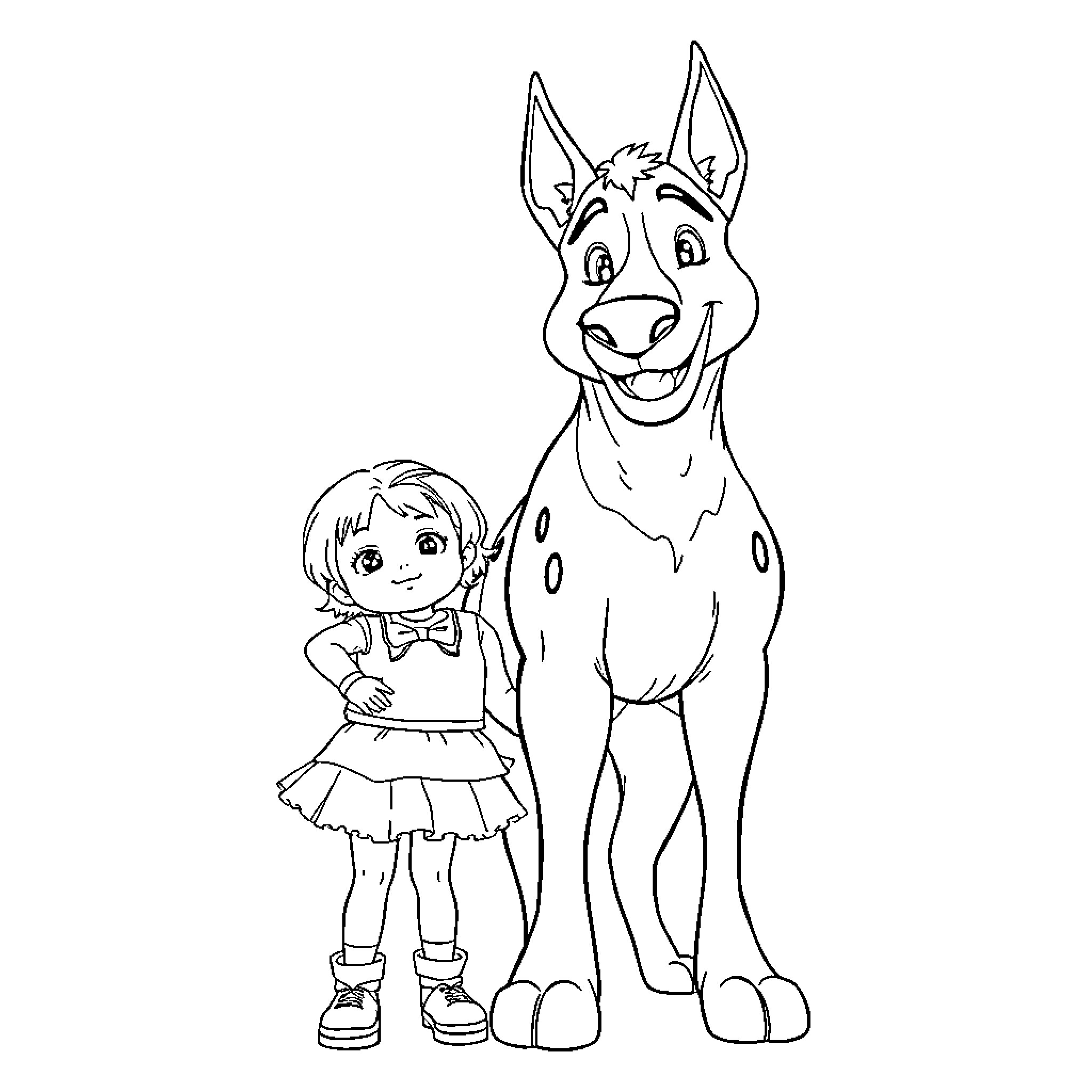 HUNTR/X Girl and her Companion Animal Coloring Page (free black-and-white line drawing printable PDF for all, from beginners to advanced learners, including children, teens, adults, and seniors)