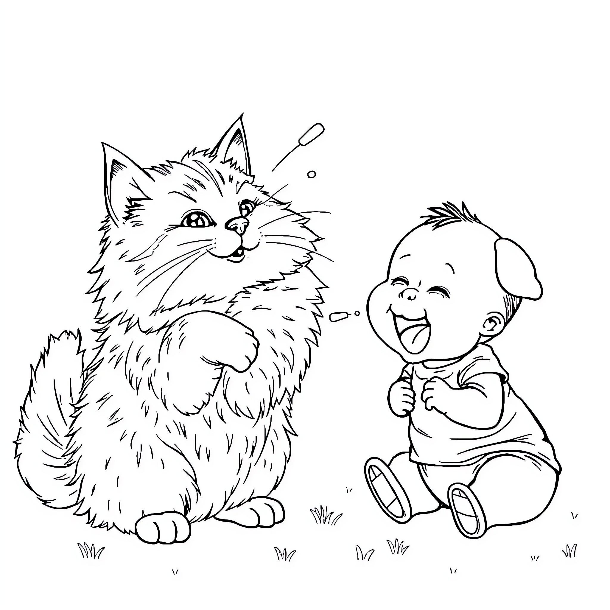 Cat and Baby Laughing Together Coloring Page (free black-and-white line drawing printable PDF for all, from beginners to advanced learners, including children, teens, adults, and seniors)