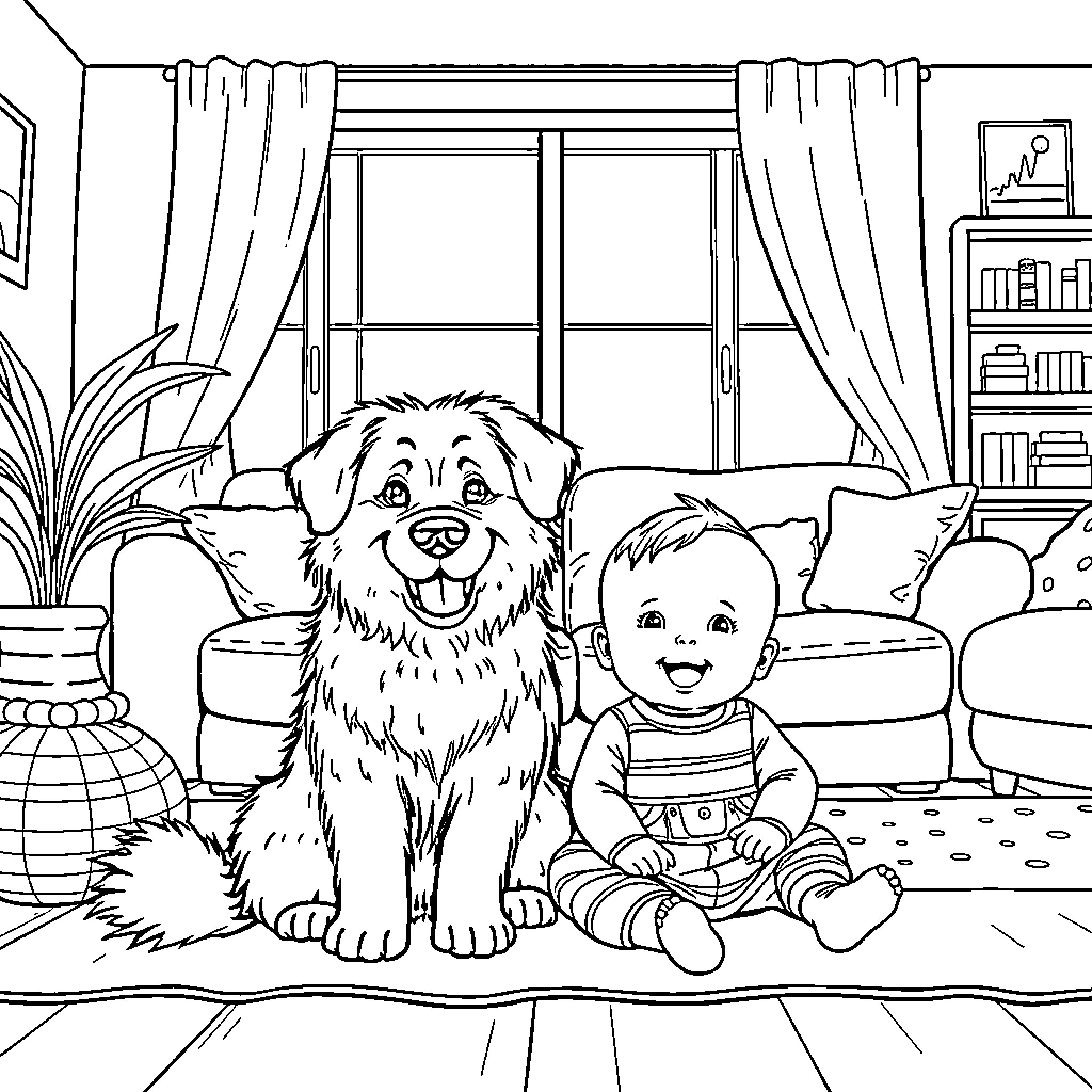 Dog and child playing happily in living room Coloring Page (free black-and-white line drawing printable PDF for all, from beginners to advanced learners, including children, teens, adults, and seniors)