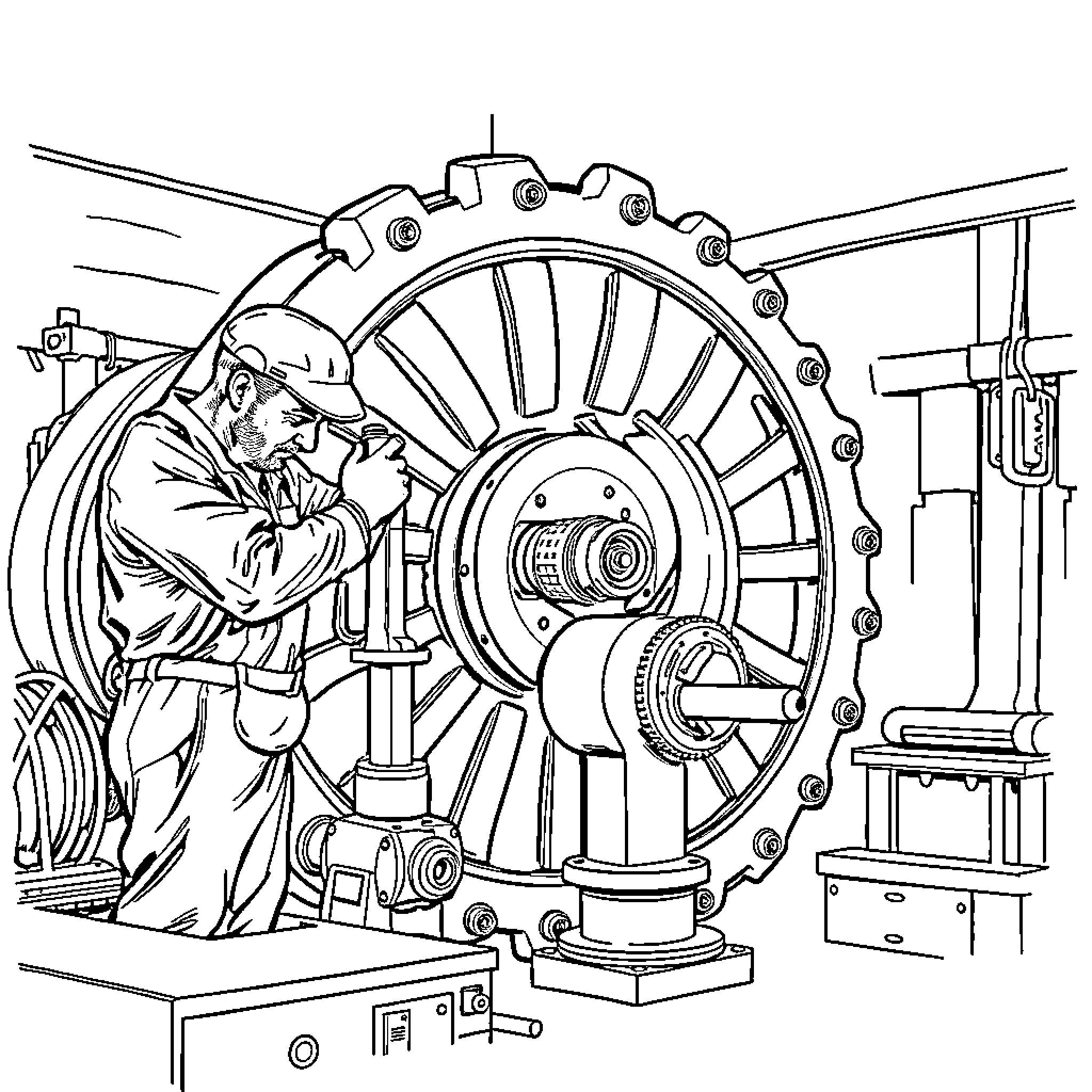 Millwright Repairing Industrial Machinery Coloring Page (free black-and-white line drawing printable PDF for all, from beginners to advanced learners, including children, teens, adults, and seniors)