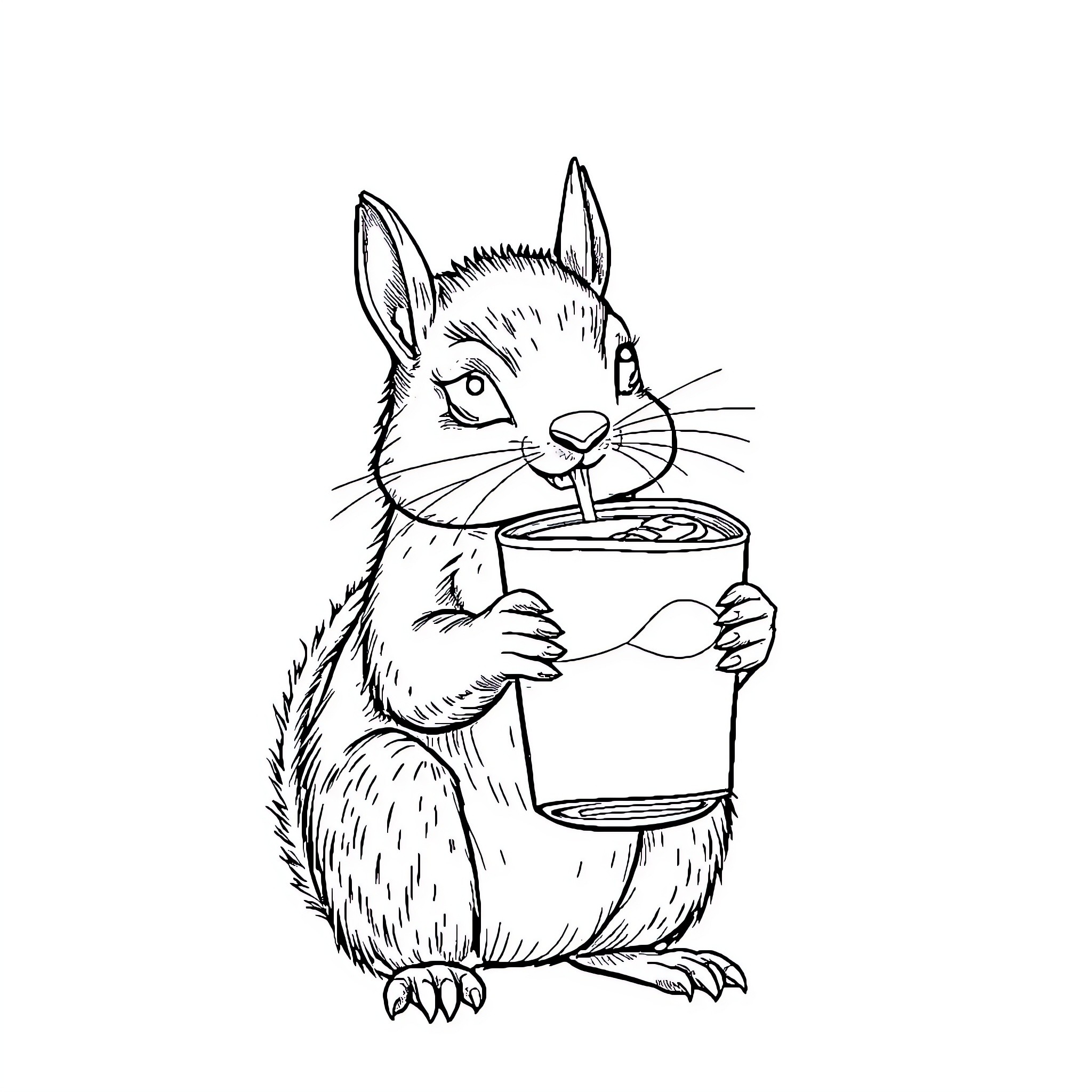 Squirrel enjoying a refreshing beverage Coloring Page (free black-and-white line drawing printable PDF for all, from beginners to advanced learners, including children, teens, adults, and seniors)