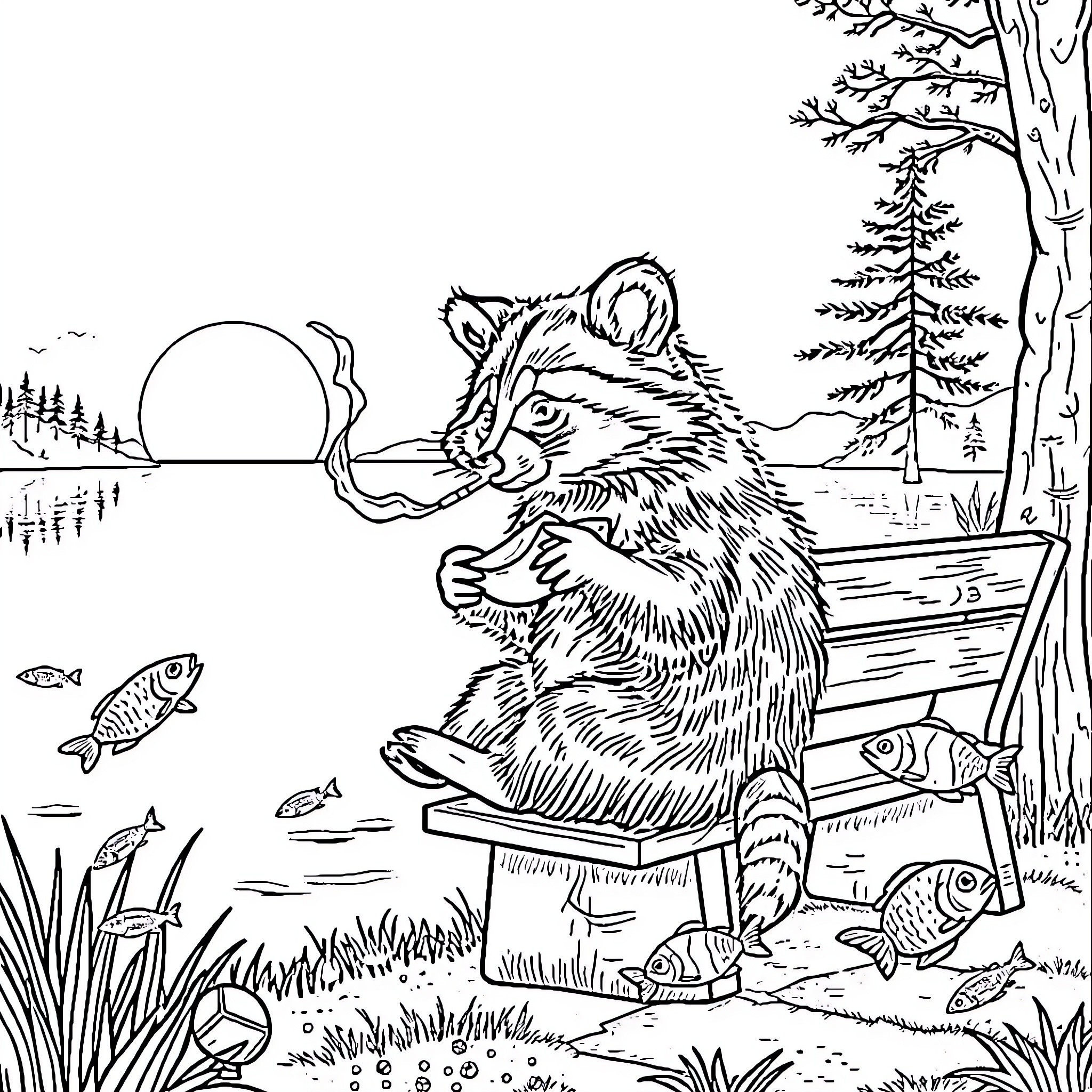 Raccoon relaxing by the lake at sunset Coloring Page (free black-and-white line drawing printable PDF for all, from beginners to advanced learners, including children, teens, adults, and seniors)