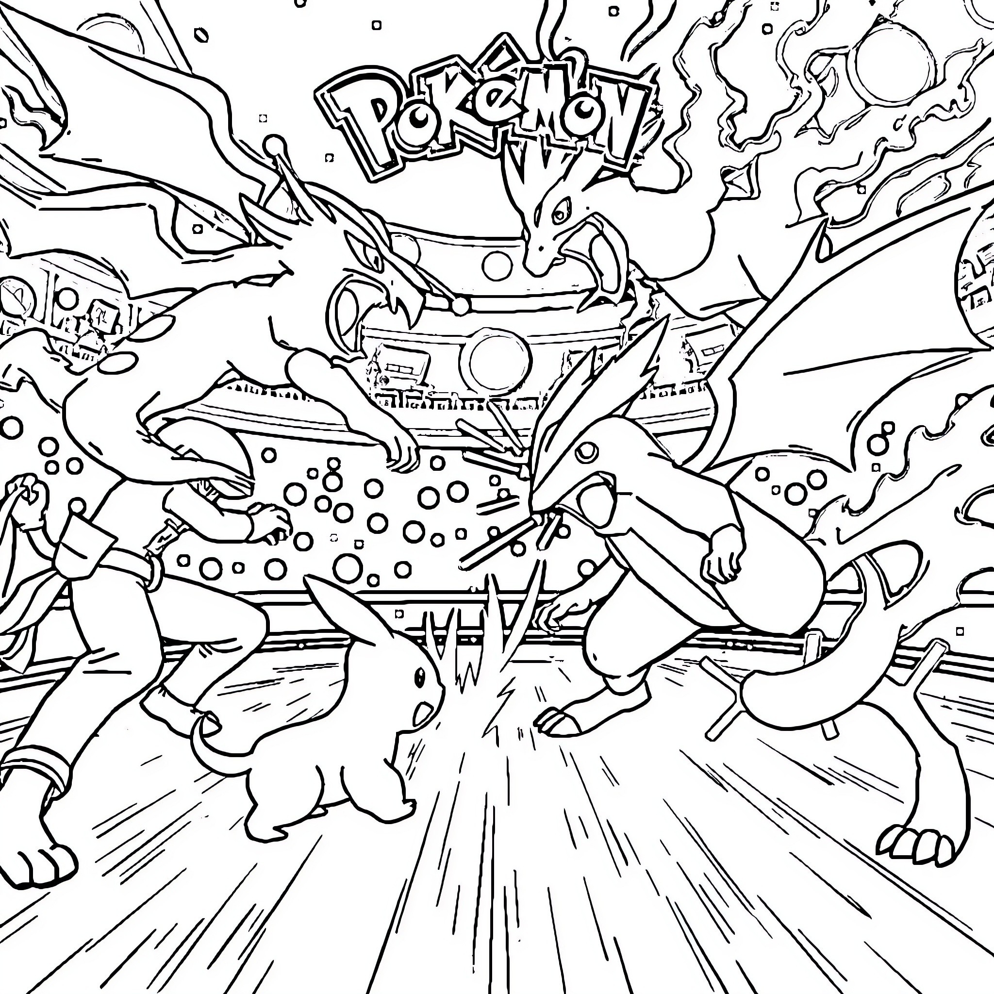 Pokémon characters in dynamic action scene Coloring Page (free black-and-white line drawing printable PDF for all, from beginners to advanced learners, including children, teens, adults, and seniors)