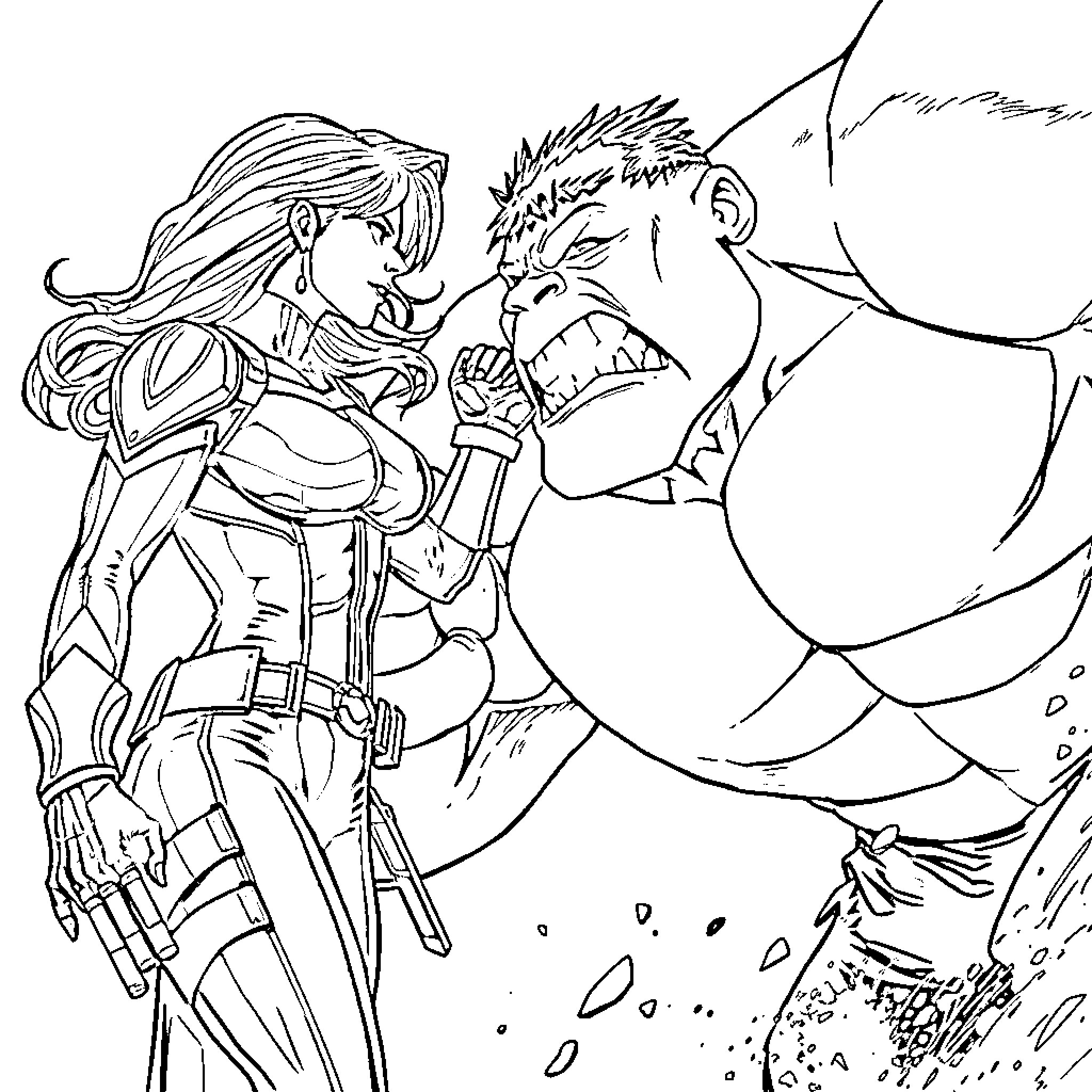 Black Widow confronting a formidable foe in combat Coloring Page (free black-and-white line drawing printable PDF for all, from beginners to advanced learners, including children, teens, adults, and seniors)
