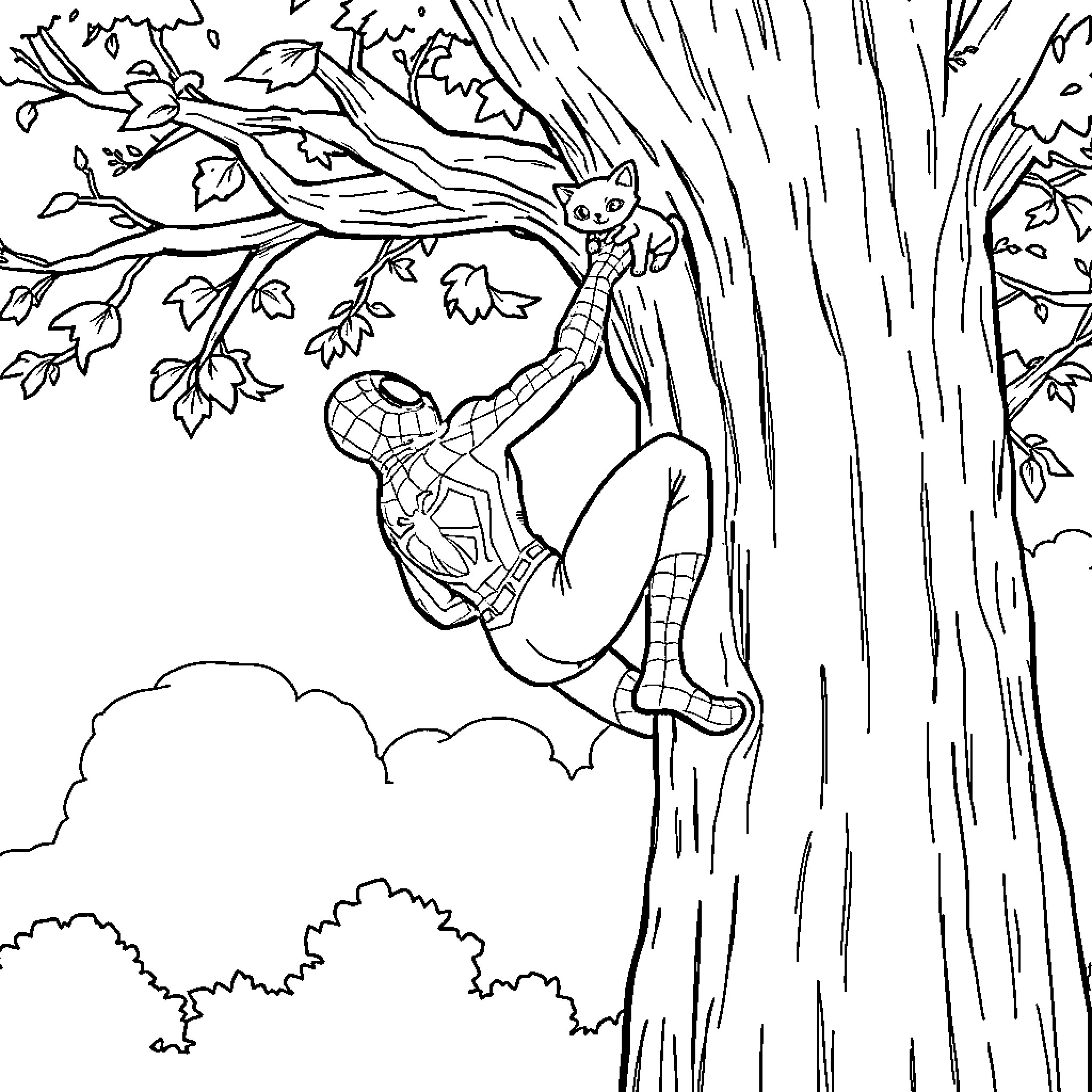 Spiderman swinging from a tree in the forest Coloring Page (free black-and-white line drawing printable PDF for all, from beginners to advanced learners, including children, teens, adults, and seniors)