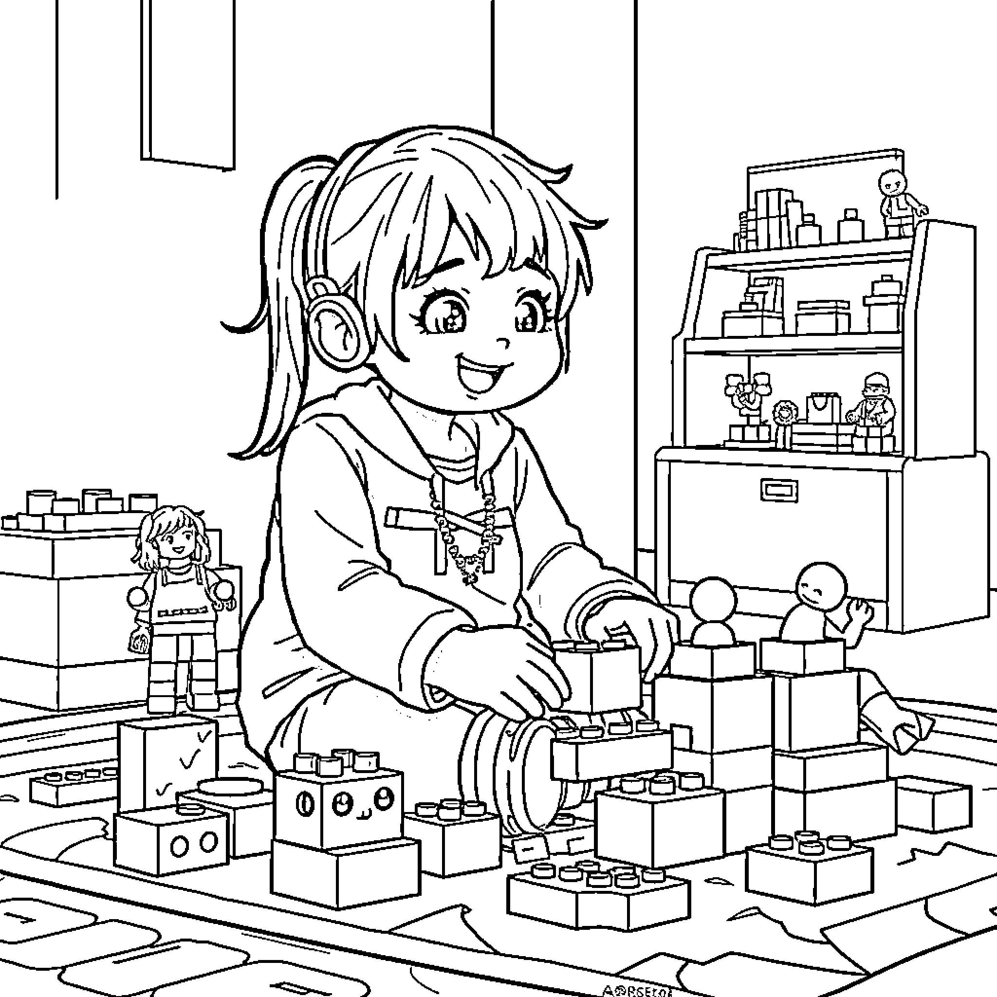Mira's Joyful Playtime with Building Blocks Coloring Page (free black-and-white line drawing printable PDF for all, from beginners to advanced learners, including children, teens, adults, and seniors)