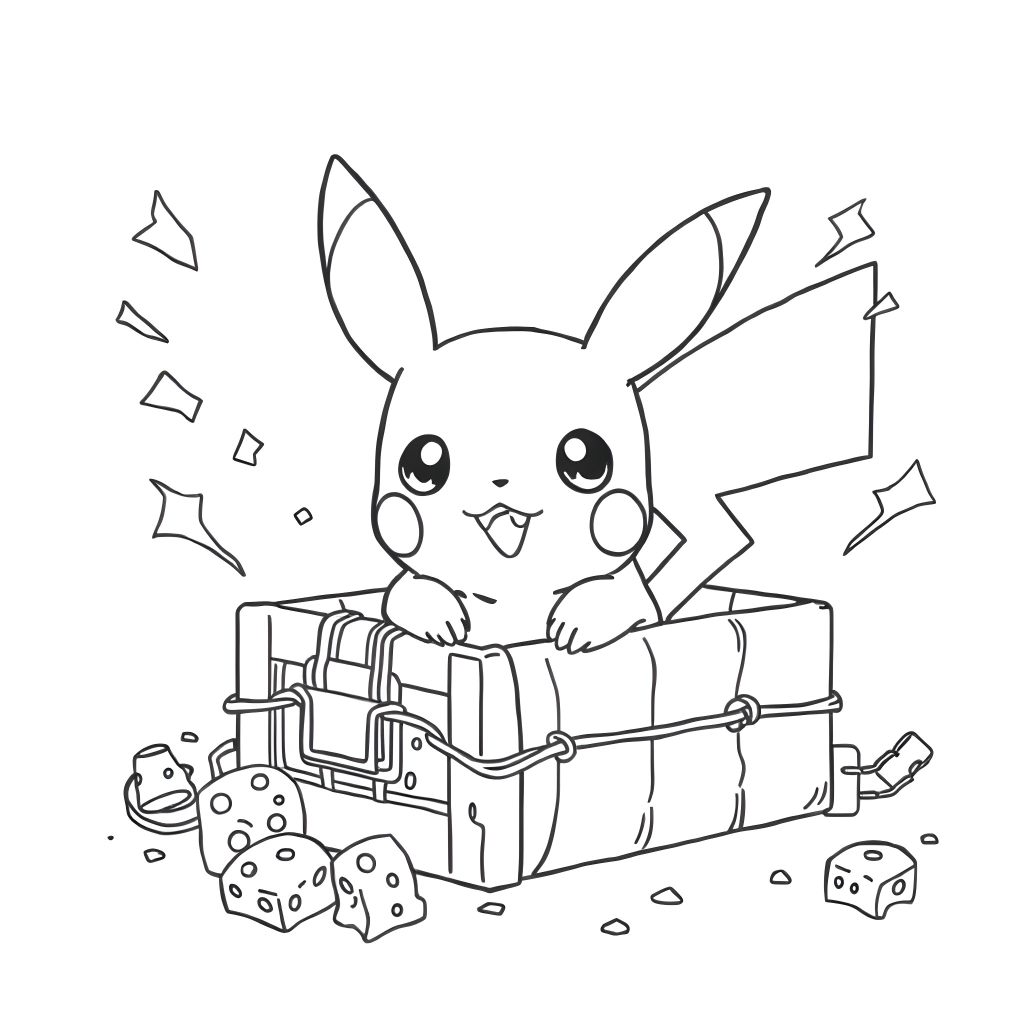 Pikachu playing with presents and party decorations Coloring Page (free black-and-white line drawing printable PDF for all, from beginners to advanced learners, including children, teens, adults, and seniors)