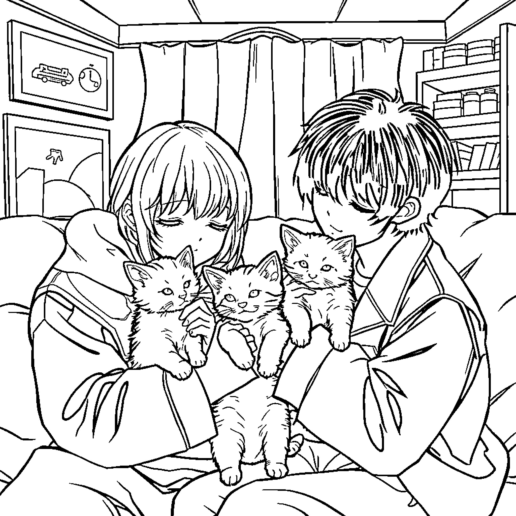 Kittens cozily cuddled by two caring children Coloring Page (free black-and-white line drawing printable PDF for all, from beginners to advanced learners, including children, teens, adults, and seniors)