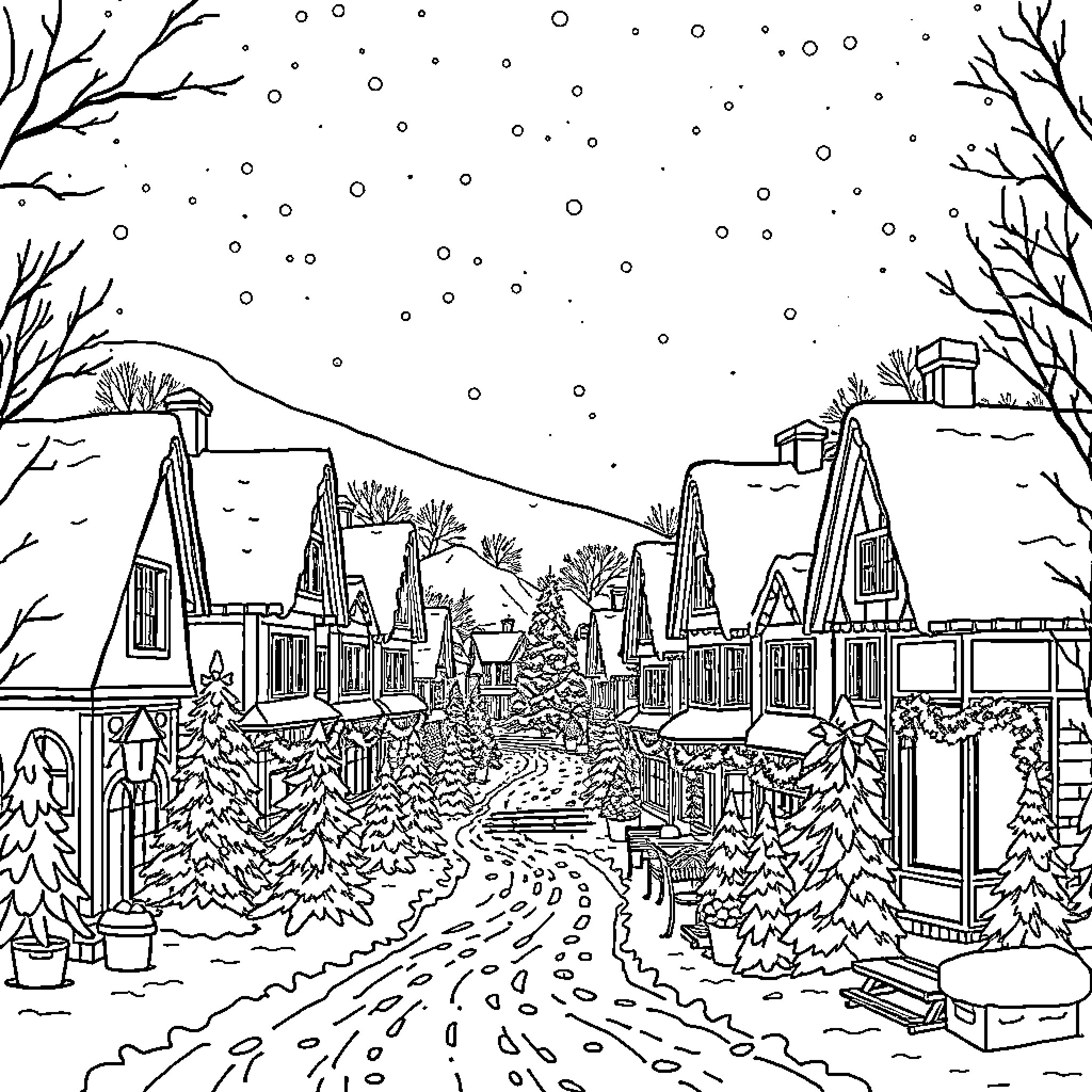 Town in a Winter Wonderland Coloring Page (free black-and-white line drawing printable PDF for all, from beginners to advanced learners, including children, teens, adults, and seniors)