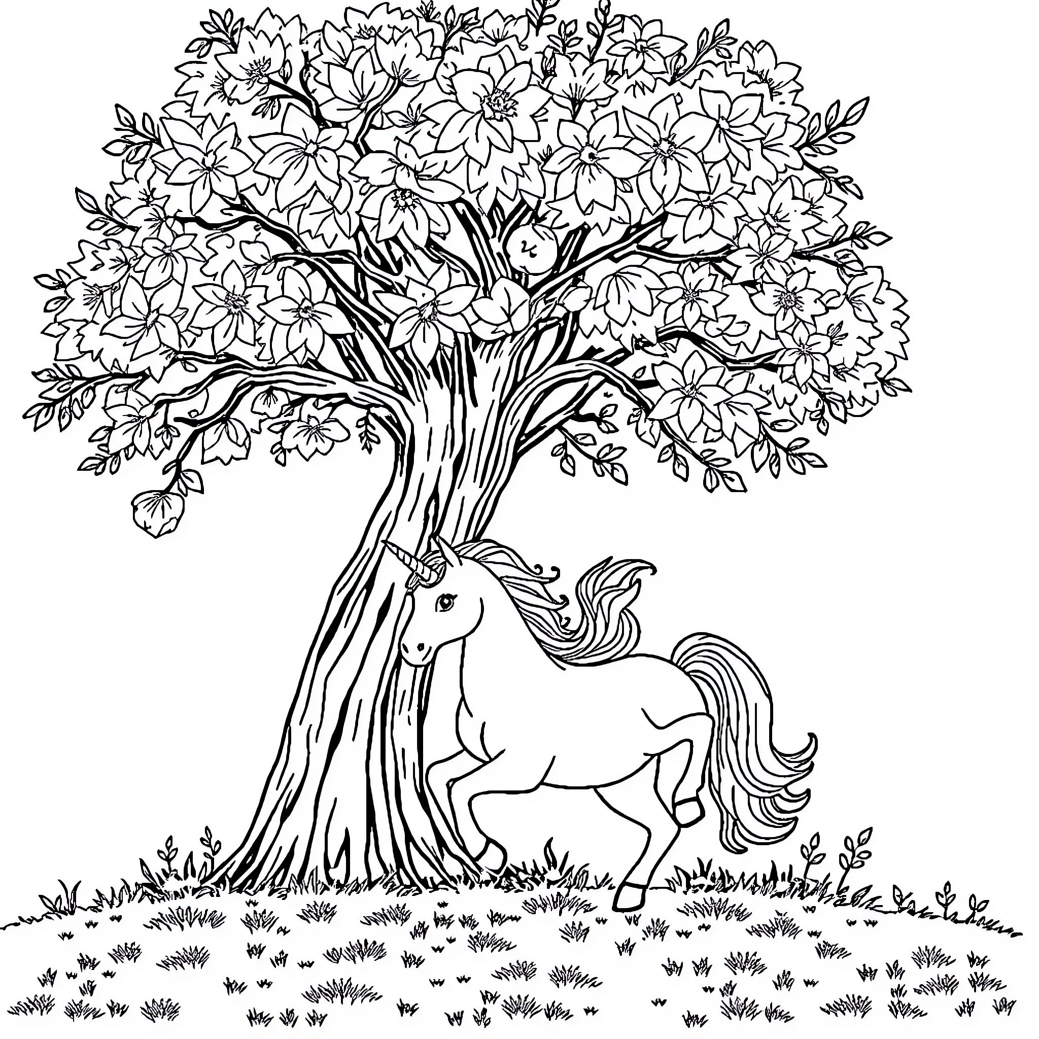 Unicorn resting under the blooming tree Coloring Page (free black-and-white line drawing printable PDF for all, from beginners to advanced learners, including children, teens, adults, and seniors)