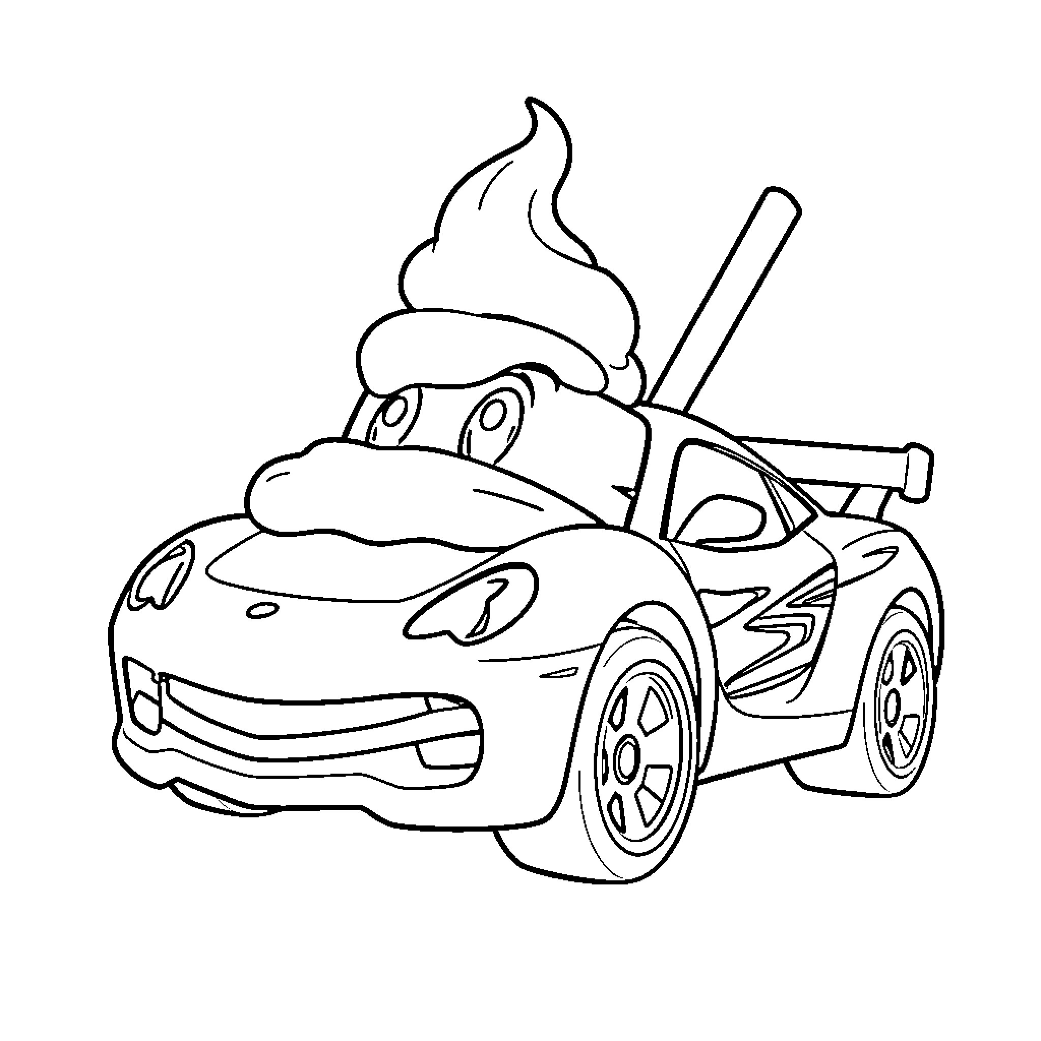Hotwheels car with fun expressions Coloring Page (free black-and-white line drawing printable PDF for all, from beginners to advanced learners, including children, teens, adults, and seniors)