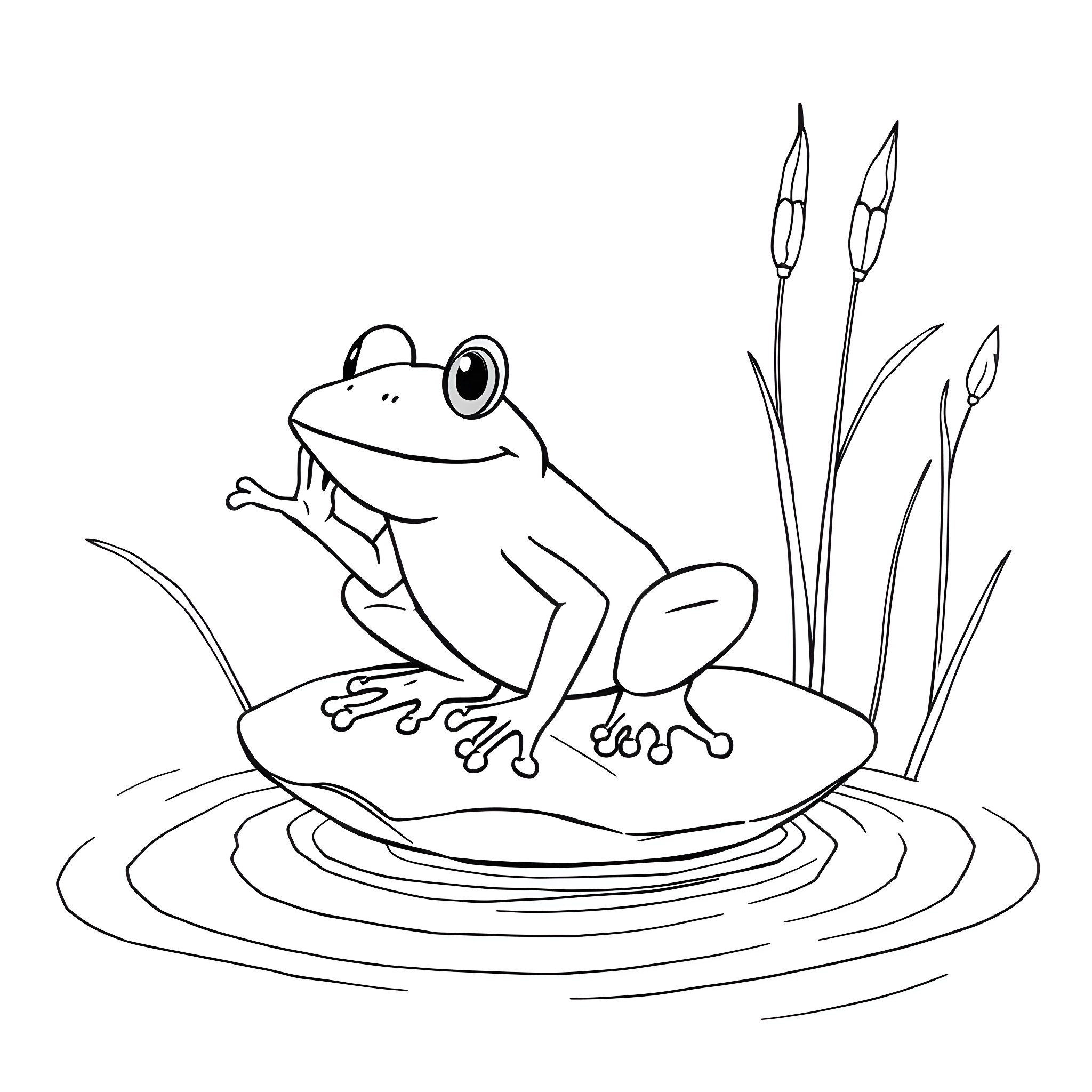 Frog Relaxing on Lily Pad Coloring Page (free black-and-white line drawing printable PDF for all, from beginners to advanced learners, including children, teens, adults, and seniors)