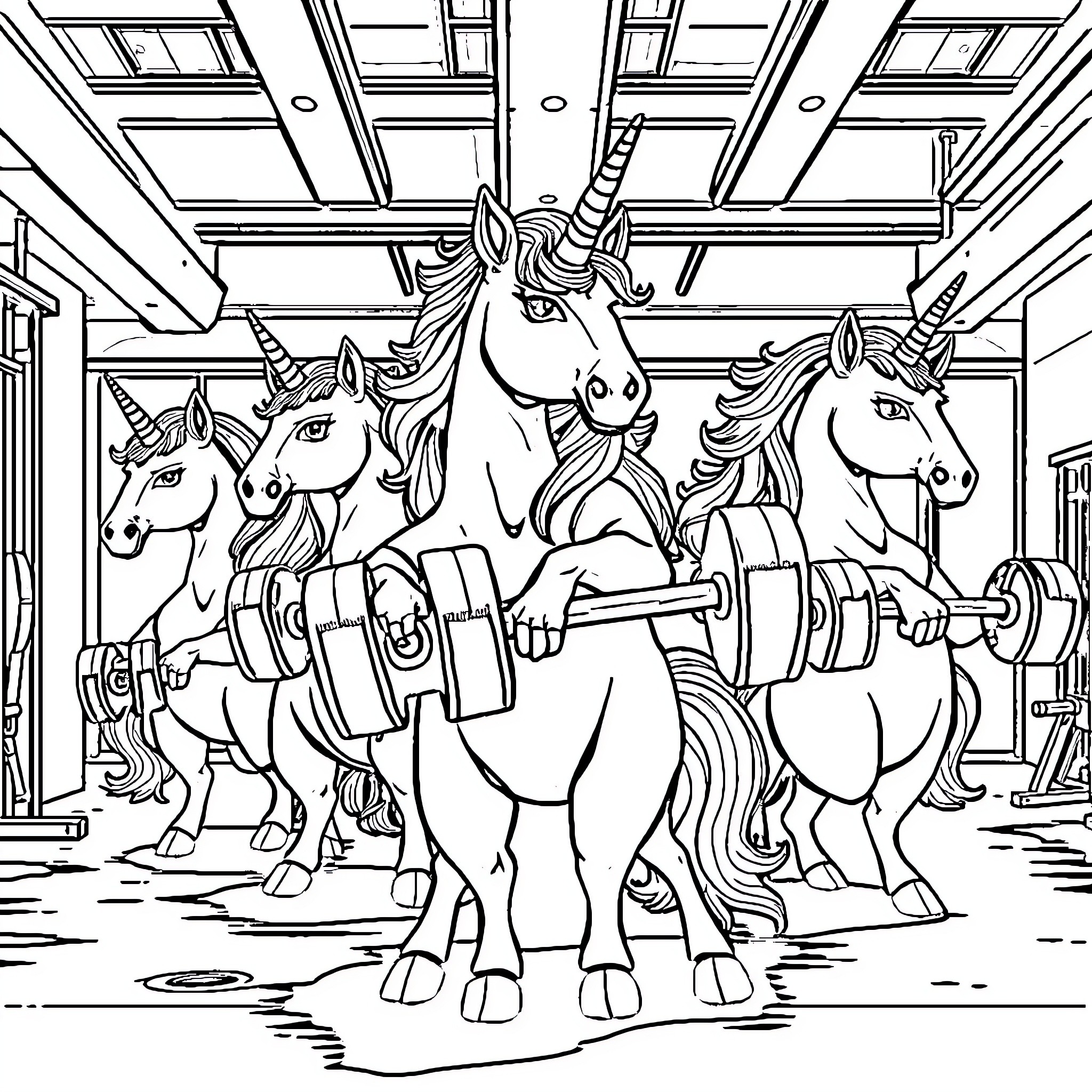 Unicorn Fitness Workout with Friends Coloring Page (free black-and-white line drawing printable PDF for all, from beginners to advanced learners, including children, teens, adults, and seniors)