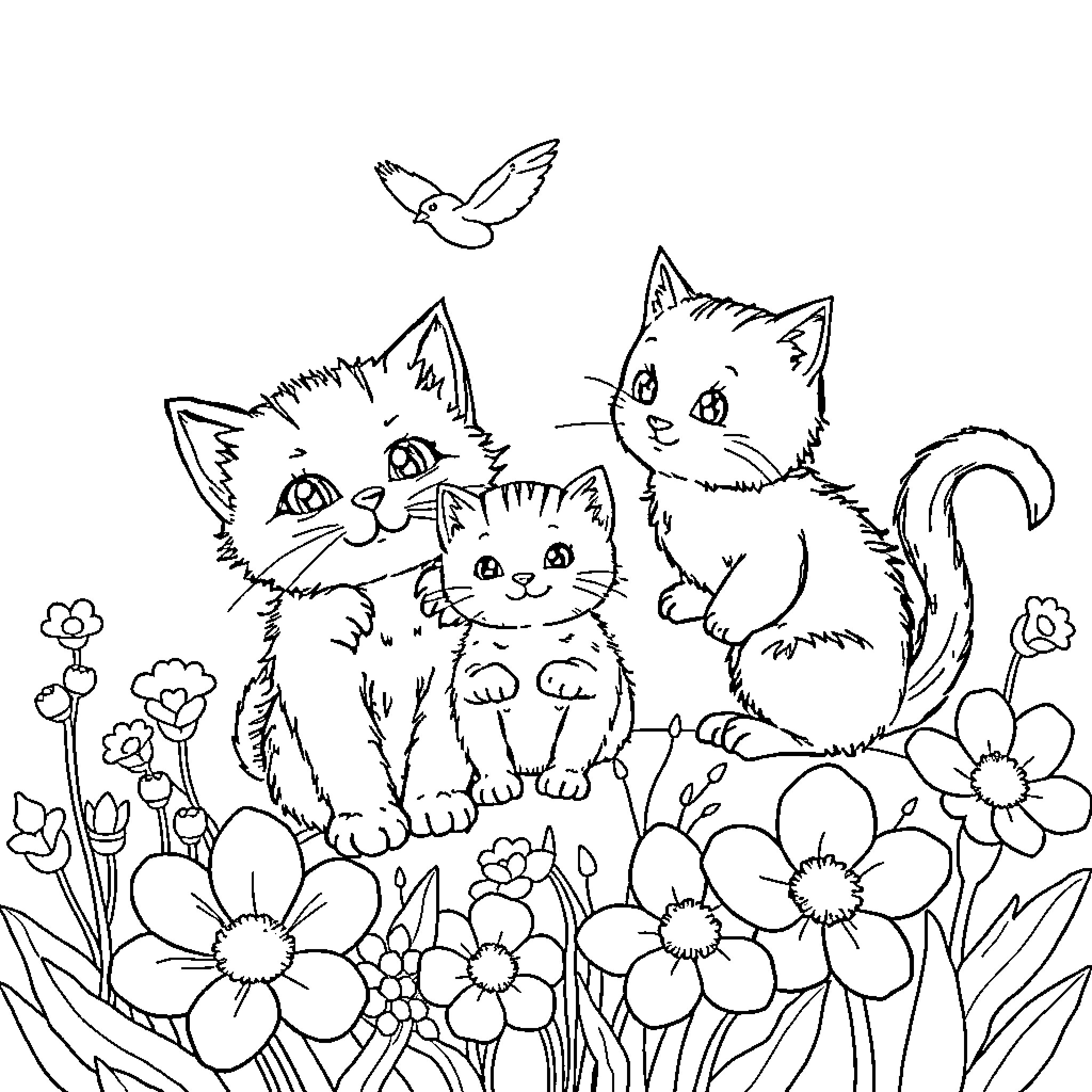 Cats and Butterflies in Flowery Garden Coloring Page (free black-and-white line drawing printable PDF for all, from beginners to advanced learners, including children, teens, adults, and seniors)