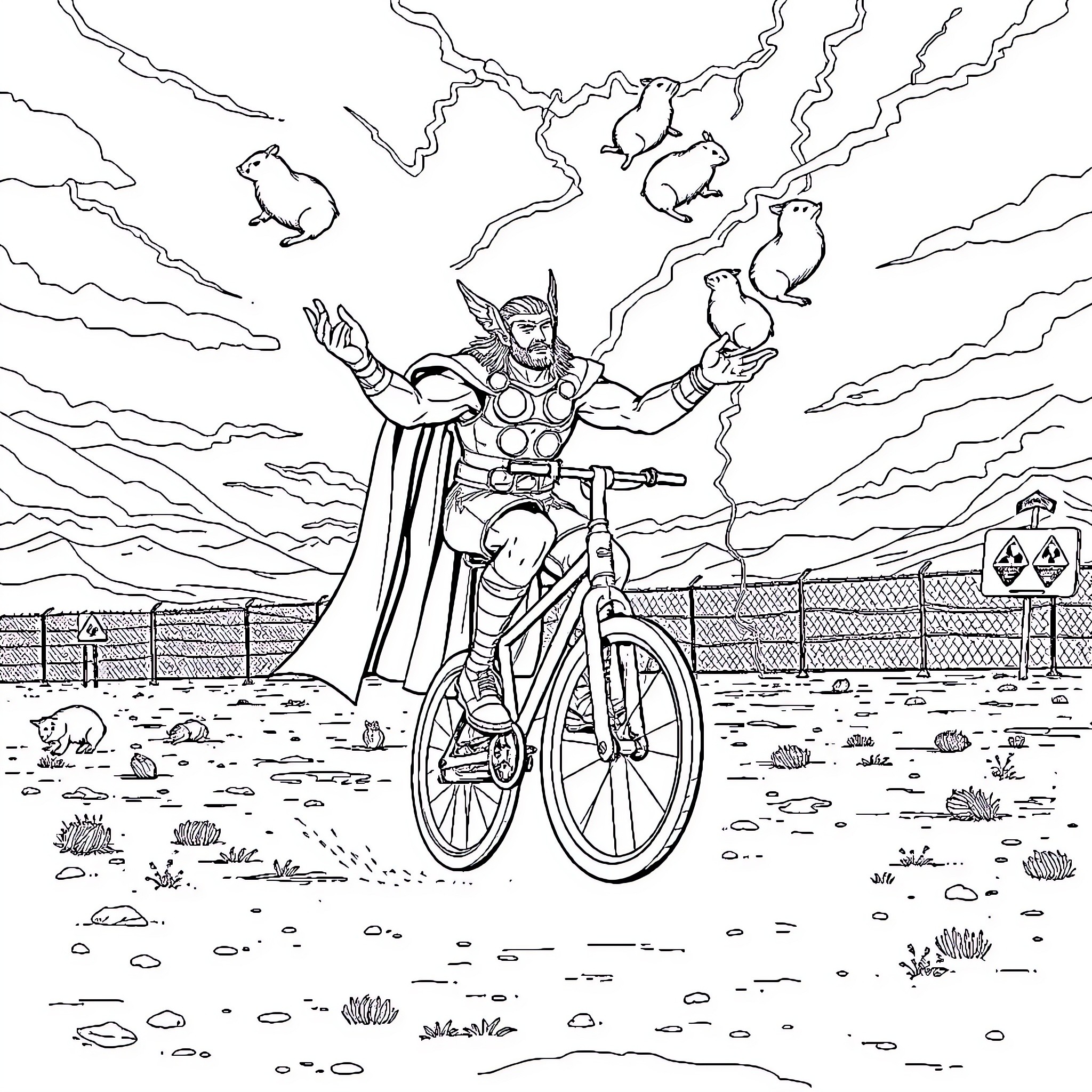 Thor's thunderous ride on a bicycle Coloring Page (free black-and-white line drawing printable PDF for all, from beginners to advanced learners, including children, teens, adults, and seniors)