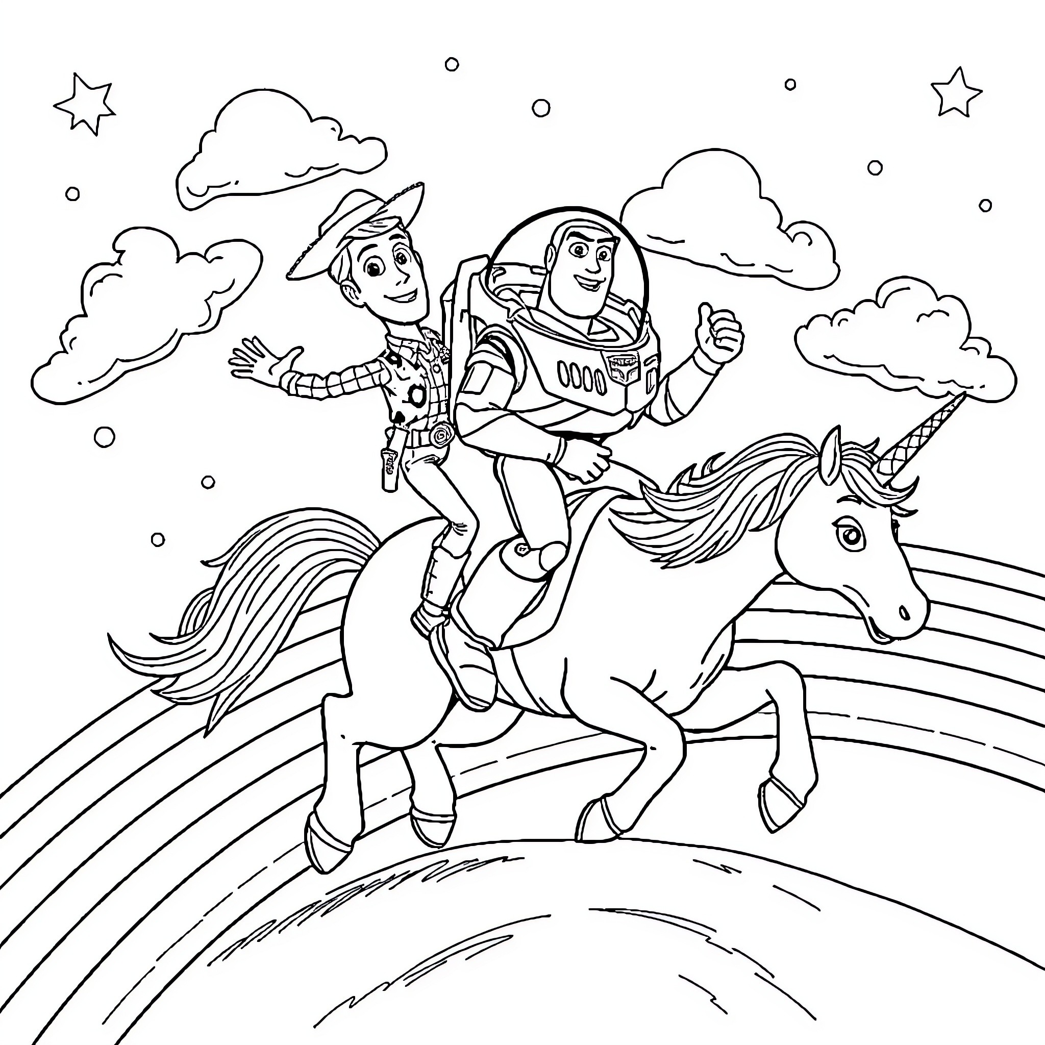 Woody and Buzz riding a unicorn through the night sky Coloring Page (free black-and-white line drawing printable PDF for all, from beginners to advanced learners, including children, teens, adults, and seniors)