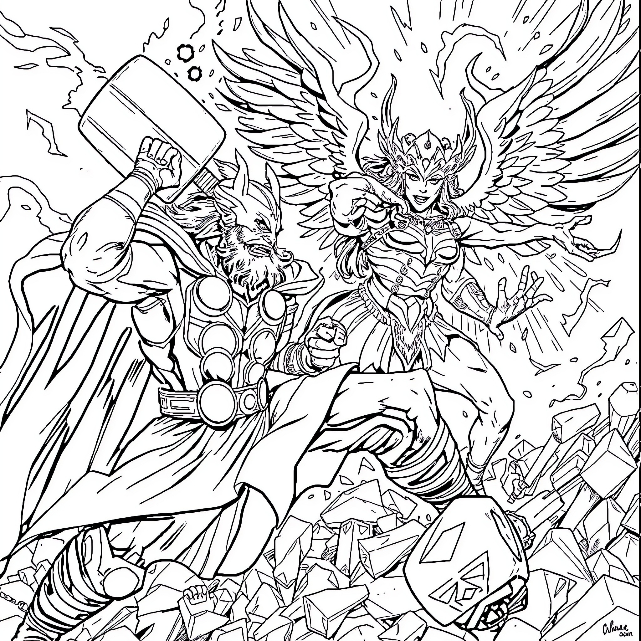 Thor, the Mighty Avenging God, Unleashing Thunderous Power Coloring Page (free black-and-white line drawing printable PDF for all, from beginners to advanced learners, including children, teens, adults, and seniors)