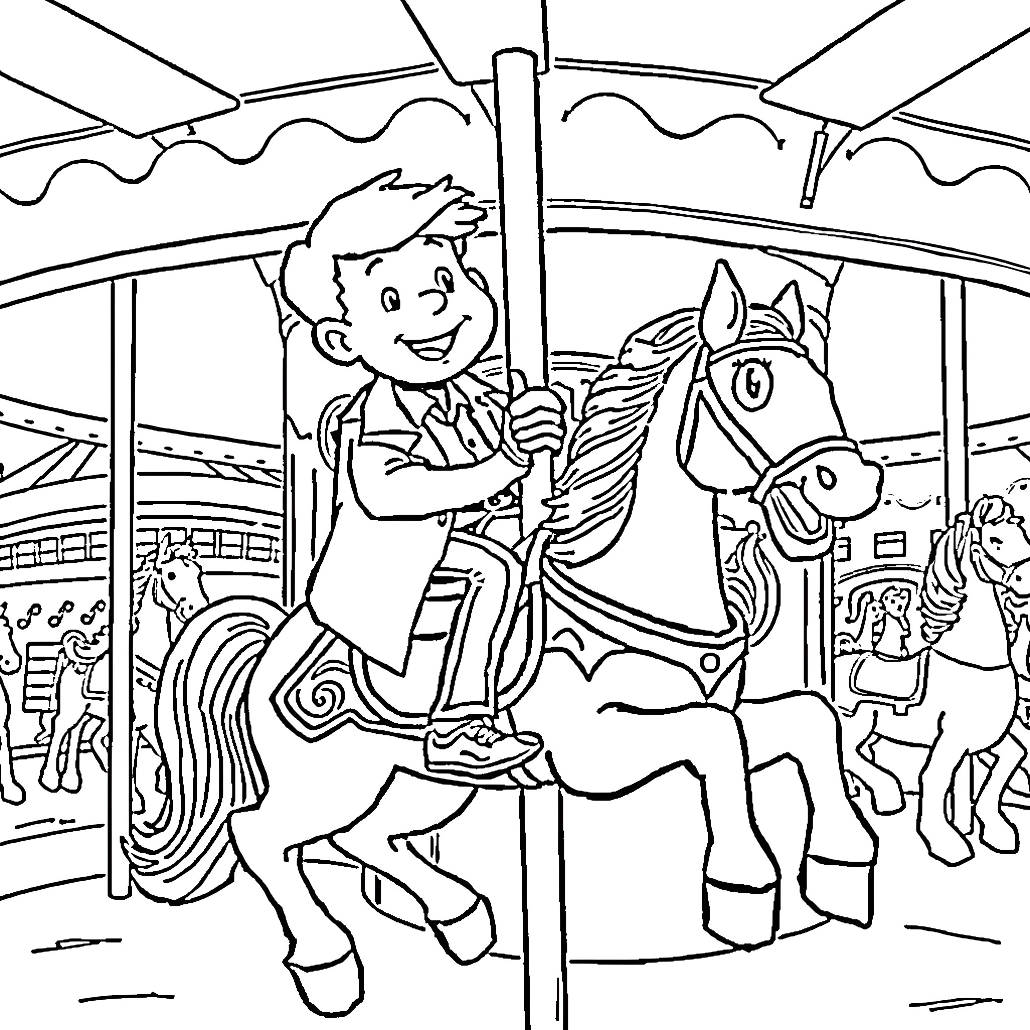 Doc Brown rides cheerfully on a carousel Coloring Page (free black-and-white line drawing printable PDF for all, from beginners to advanced learners, including children, teens, adults, and seniors)