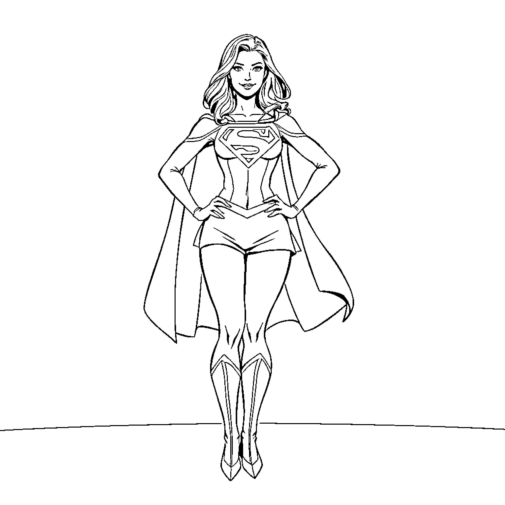 Super Girl in Heroic Pose Coloring Page (free black-and-white line drawing printable PDF for all, from beginners to advanced learners, including children, teens, adults, and seniors)