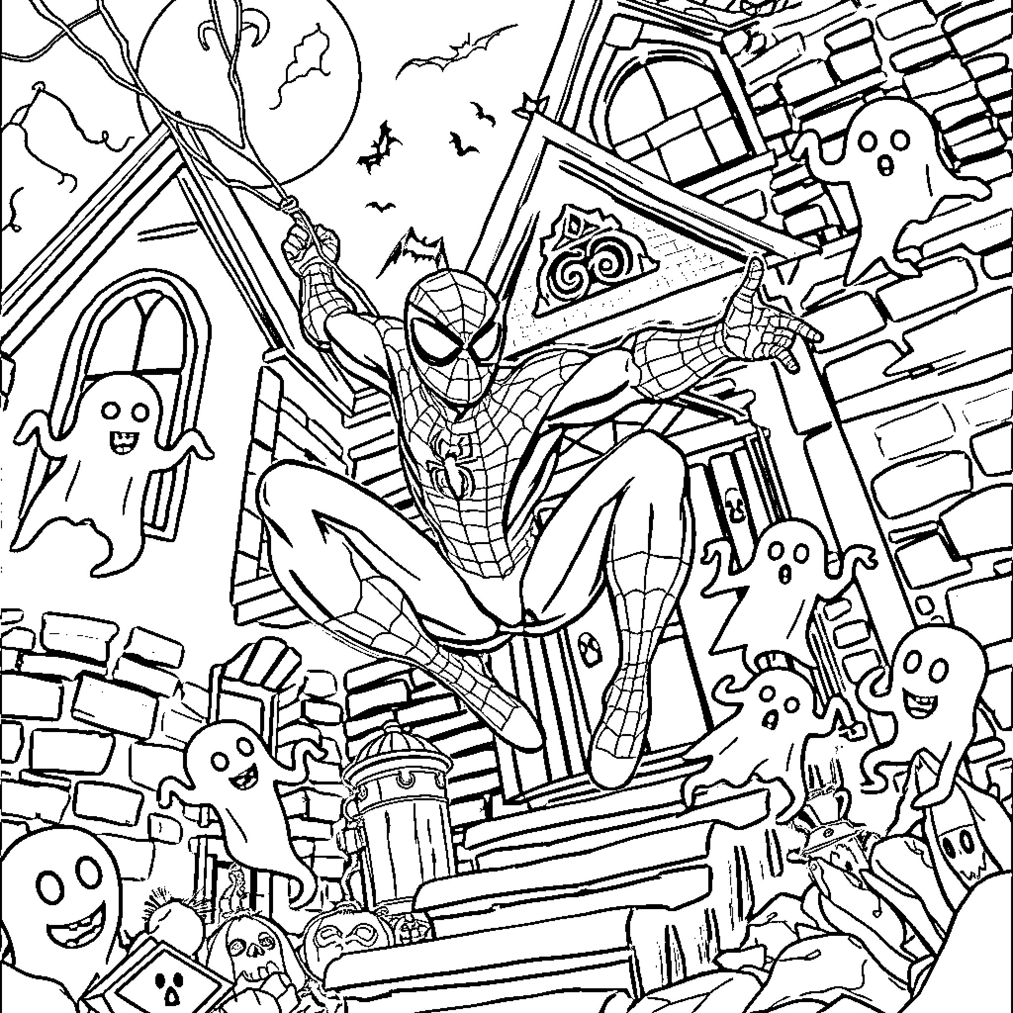 Spiderman swinging through a haunted city on Halloween Coloring Page (free black-and-white line drawing printable PDF for all, from beginners to advanced learners, including children, teens, adults, and seniors)