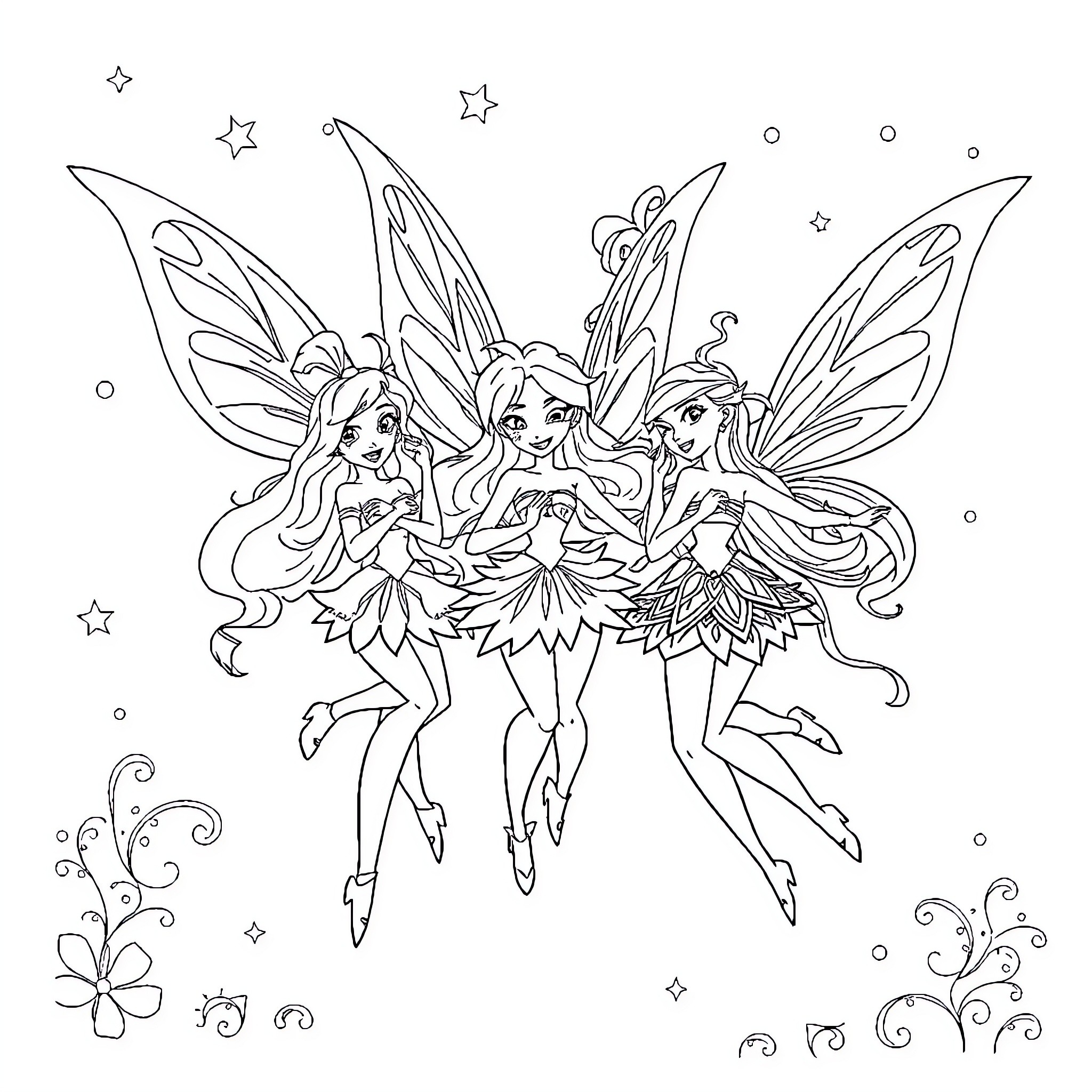 Fairy Trio Dancing Gracefully Amidst Twinkling Stars Coloring Page (free black-and-white line drawing printable PDF for all, from beginners to advanced learners, including children, teens, adults, and seniors)
