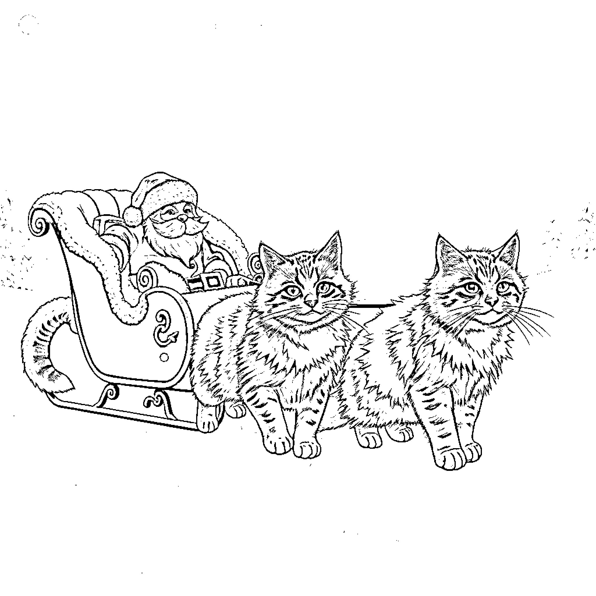 Wild Cat Santa Claus with Sleigh and Cats Coloring Page (free black-and-white line drawing printable PDF for all, from beginners to advanced learners, including children, teens, adults, and seniors)