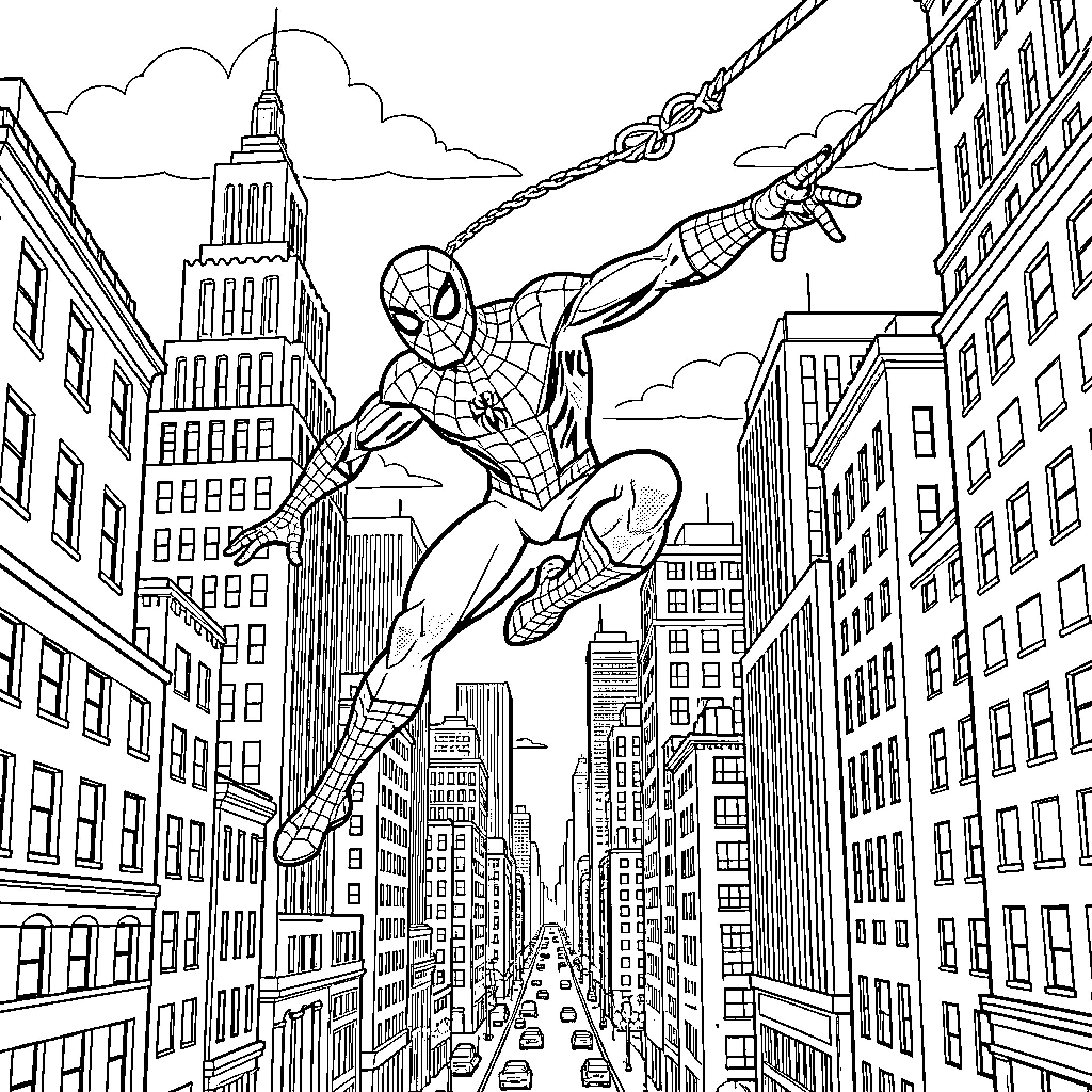 Spiderman swinging through high buildings in the city Coloring Page (free black-and-white line drawing printable PDF for all, from beginners to advanced learners, including children, teens, adults, and seniors)
