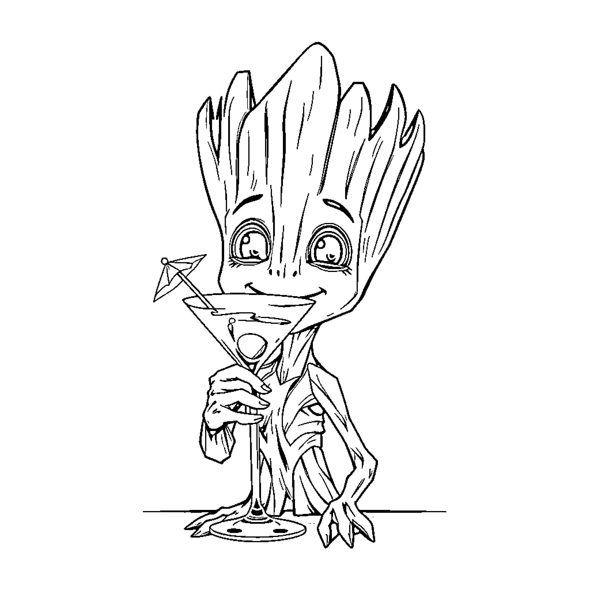 Groot enjoying a refreshing drink Coloring Page (free black-and-white line drawing printable PDF for all, from beginners to advanced learners, including children, teens, adults, and seniors)