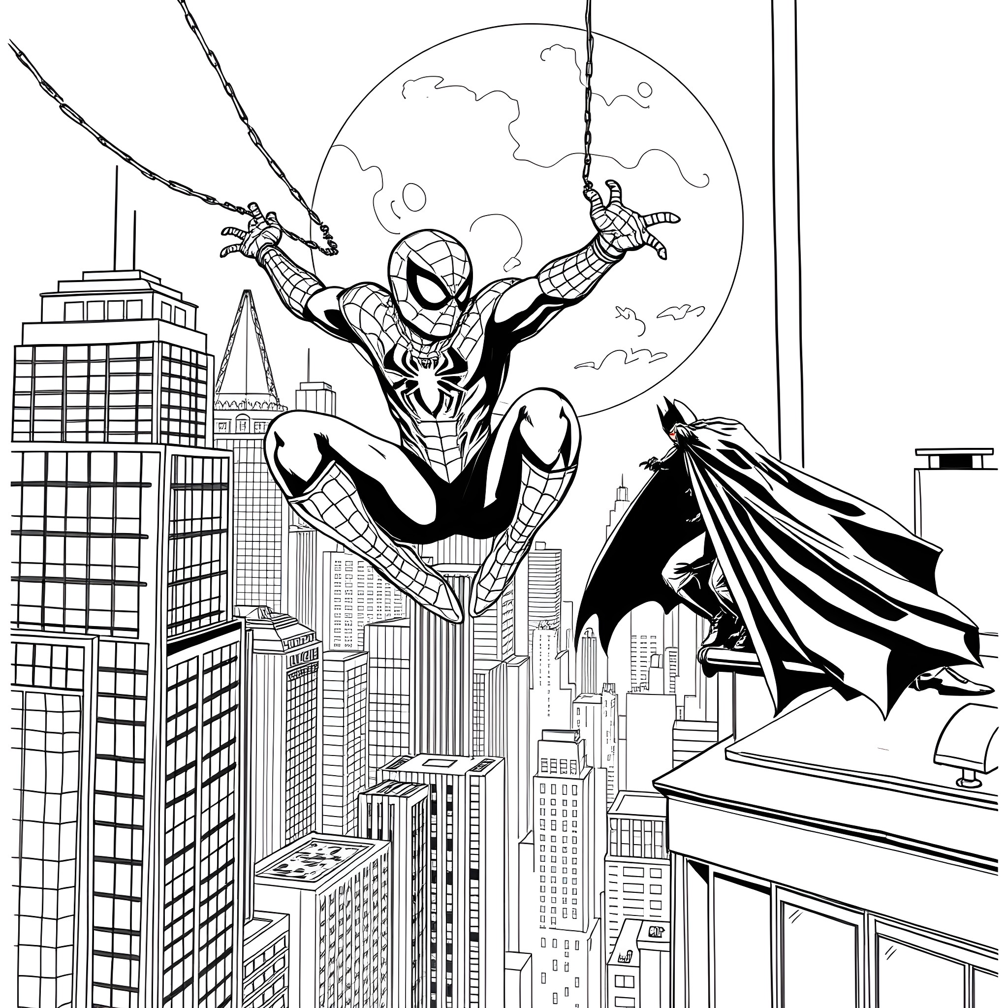 Spiderman swinging through the city while Batman watches Coloring Page (free black-and-white line drawing printable PDF for all, from beginners to advanced learners, including children, teens, adults, and seniors)