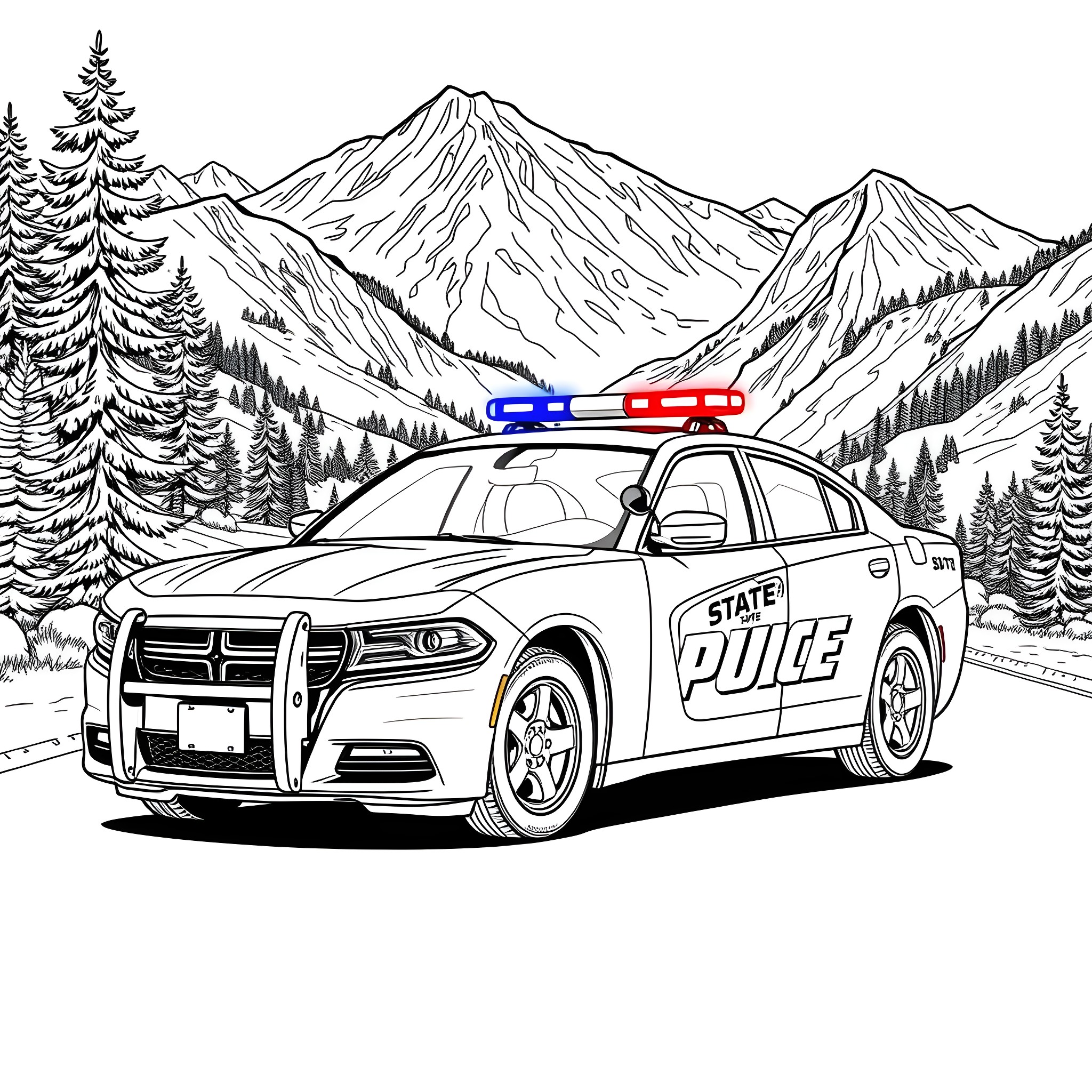 Police Car Responding to Call in Mountainous Landscape Coloring Page (free black-and-white line drawing printable PDF for all, from beginners to advanced learners, including children, teens, adults, and seniors)