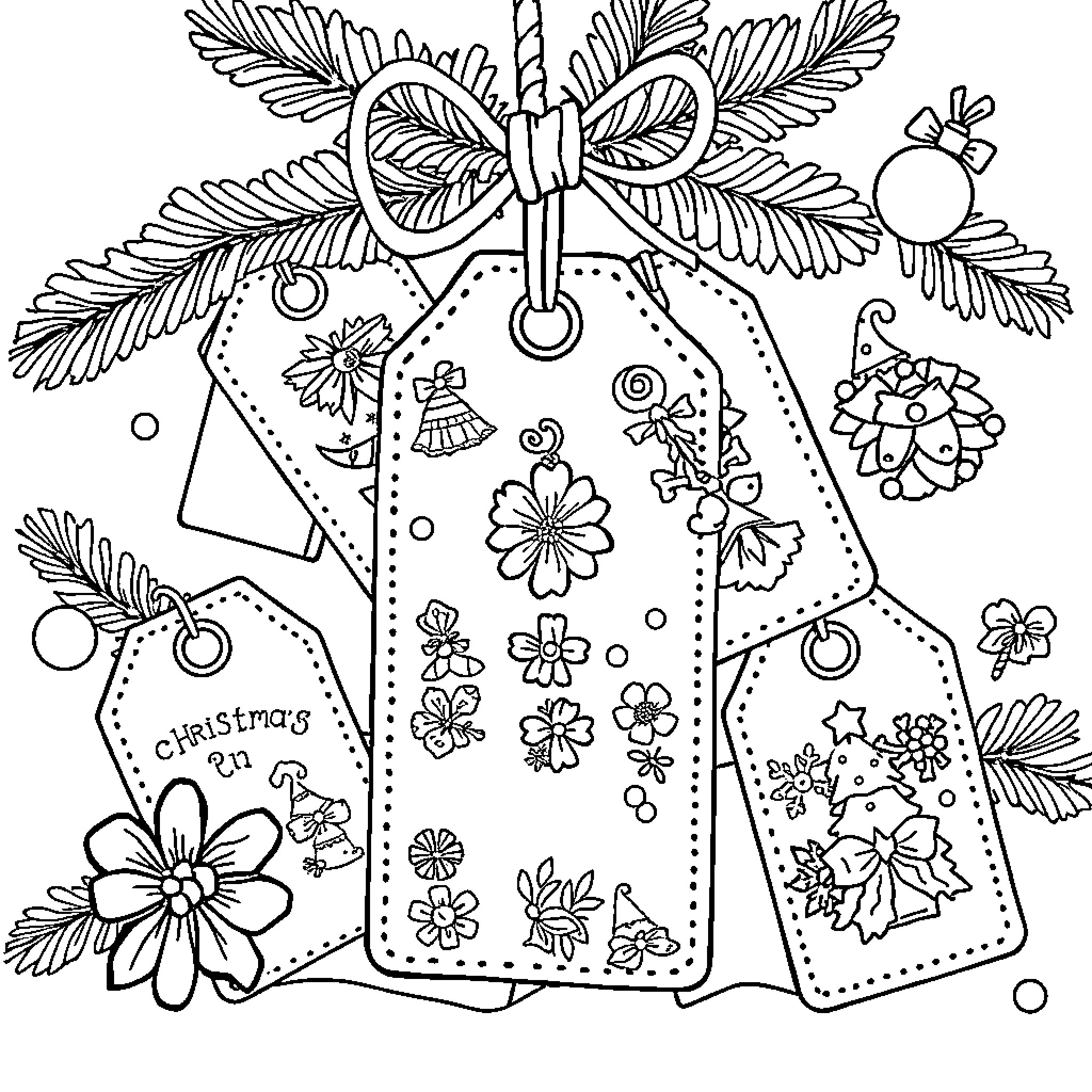 Gift Tag with Floral and Holiday Decorations Coloring Page (free black-and-white line drawing printable PDF for all, from beginners to advanced learners, including children, teens, adults, and seniors)