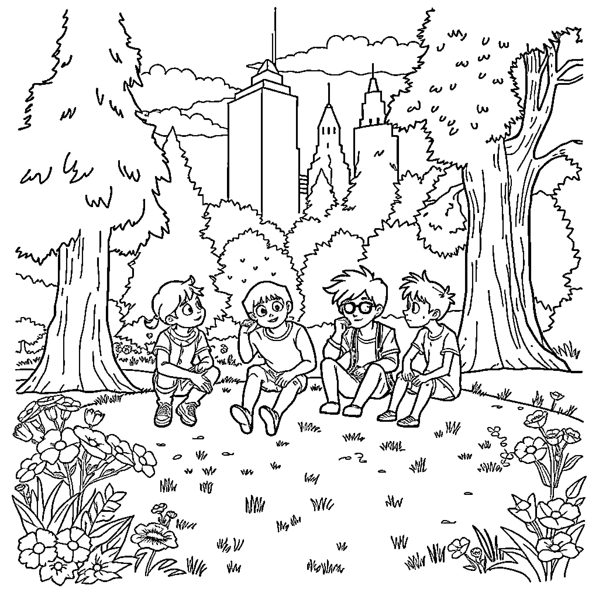Outsider children exploring nature in the city Coloring Page (free black-and-white line drawing printable PDF for all, from beginners to advanced learners, including children, teens, adults, and seniors)