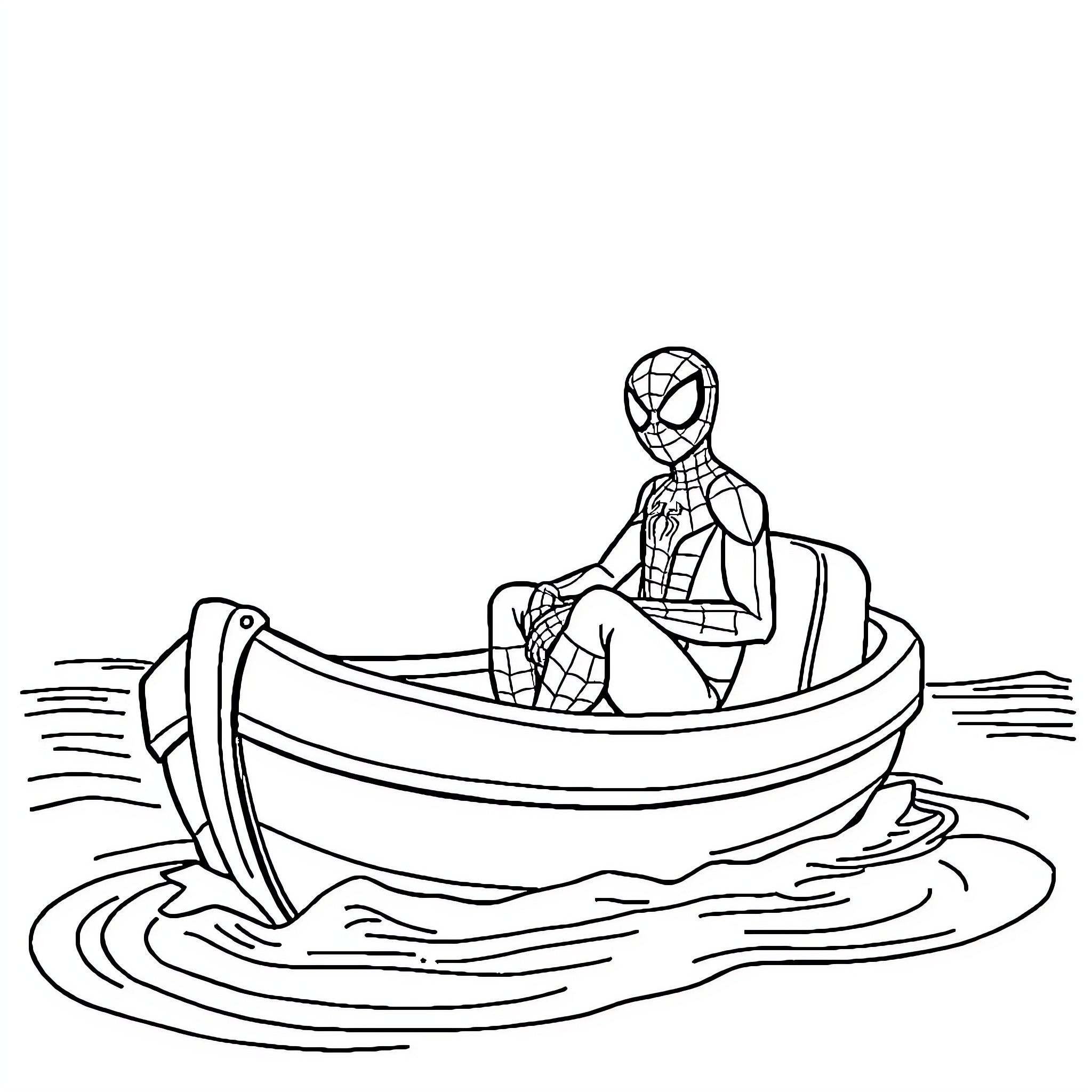 Spiderman rides a boat on the waves Coloring Page (free black-and-white line drawing printable PDF for all, from beginners to advanced learners, including children, teens, adults, and seniors)