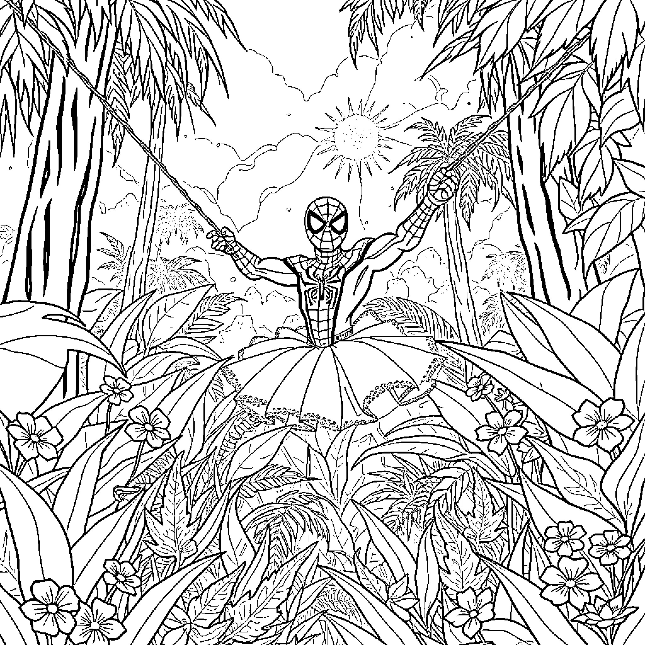 Spiderman swinging through the lush tropical jungle Coloring Page (free black-and-white line drawing printable PDF for all, from beginners to advanced learners, including children, teens, adults, and seniors)