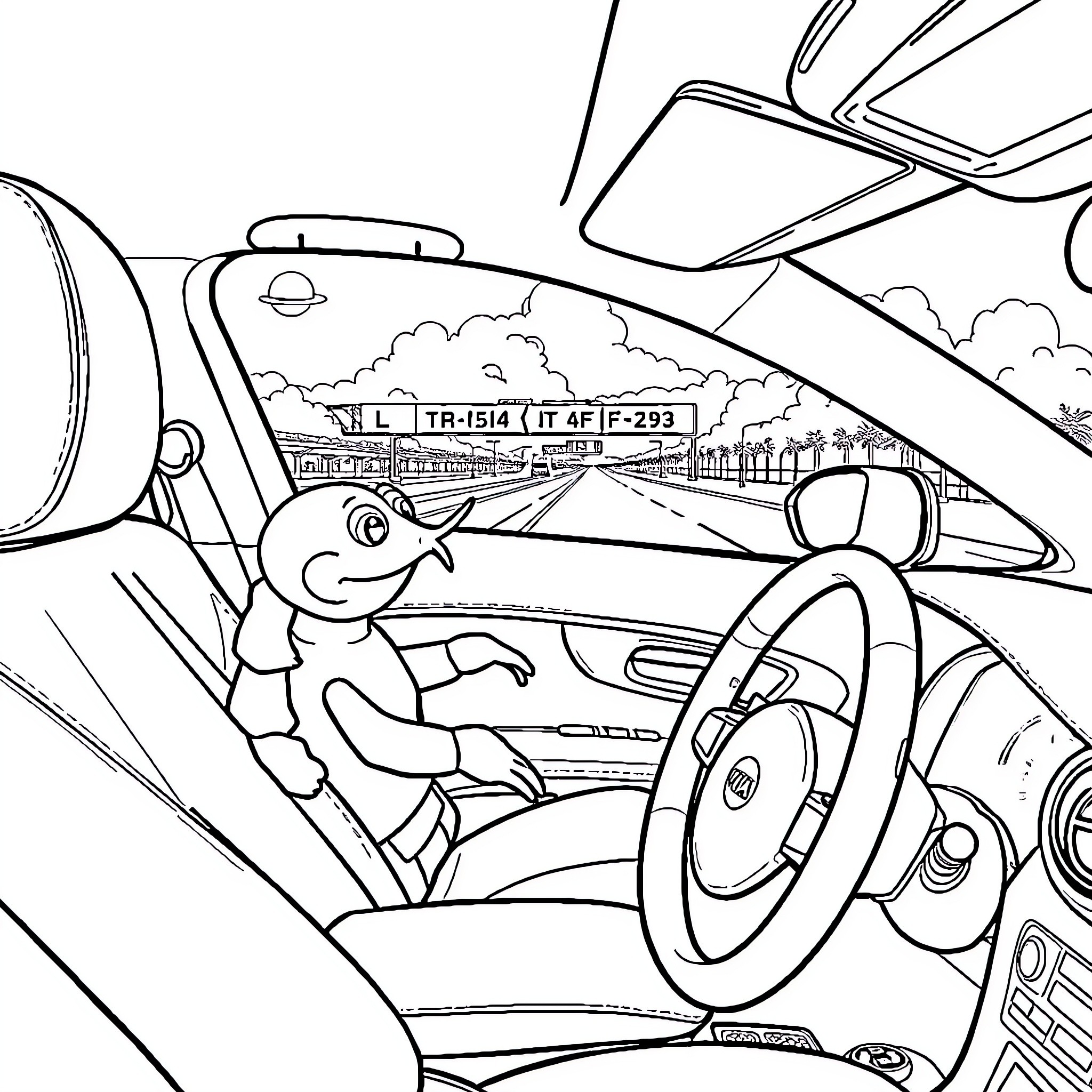 Shrimp driving car through countryside landscape Coloring Page (free black-and-white line drawing printable PDF for all, from beginners to advanced learners, including children, teens, adults, and seniors)