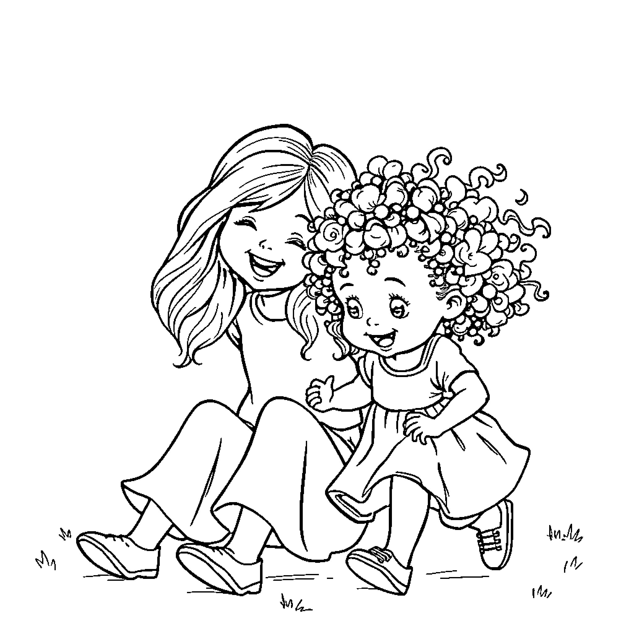 Sister playing joyfully with young girl Coloring Page (free black-and-white line drawing printable PDF for all, from beginners to advanced learners, including children, teens, adults, and seniors)