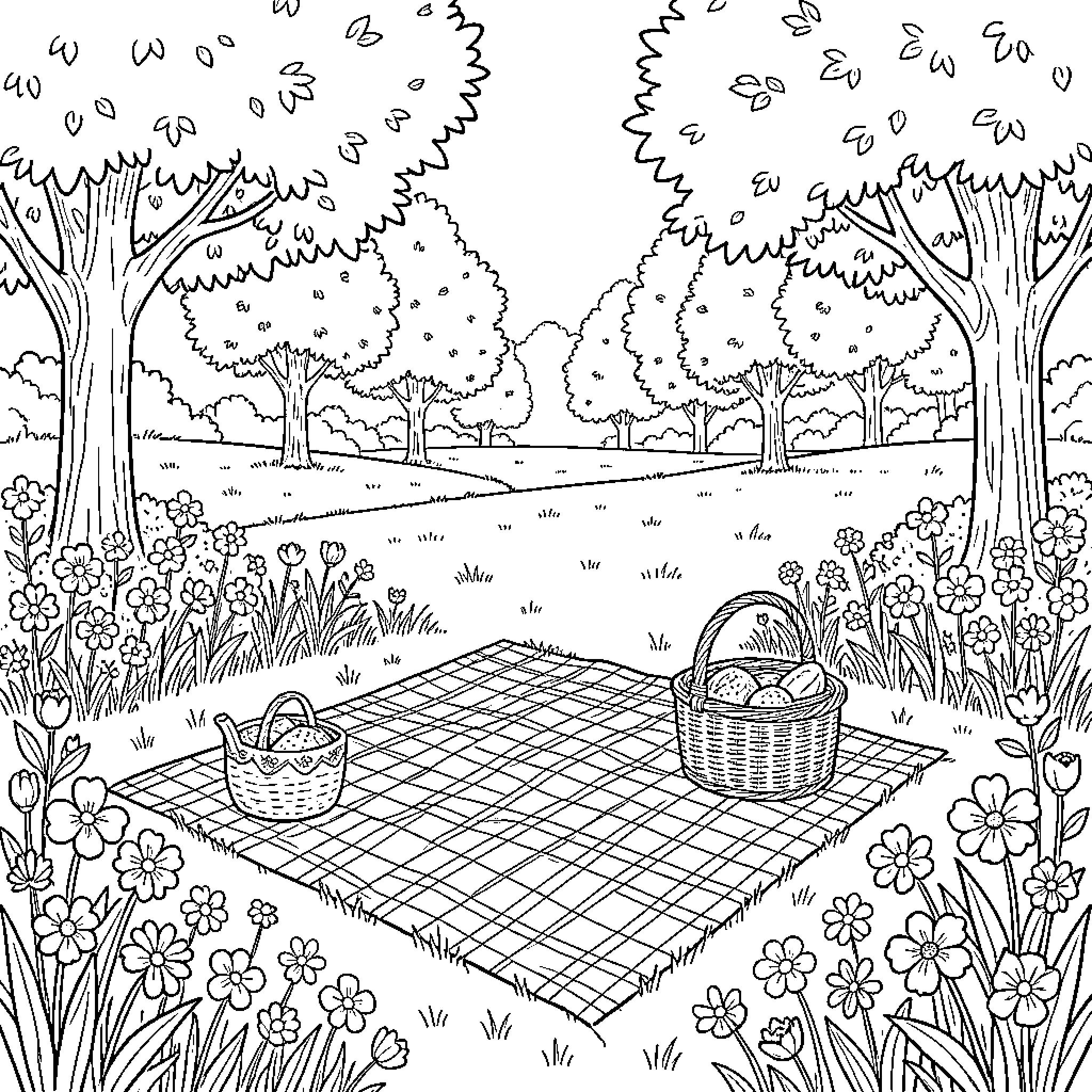Picnic in a Serene Forest Clearing Coloring Page (free black-and-white line drawing printable PDF for all, from beginners to advanced learners, including children, teens, adults, and seniors)