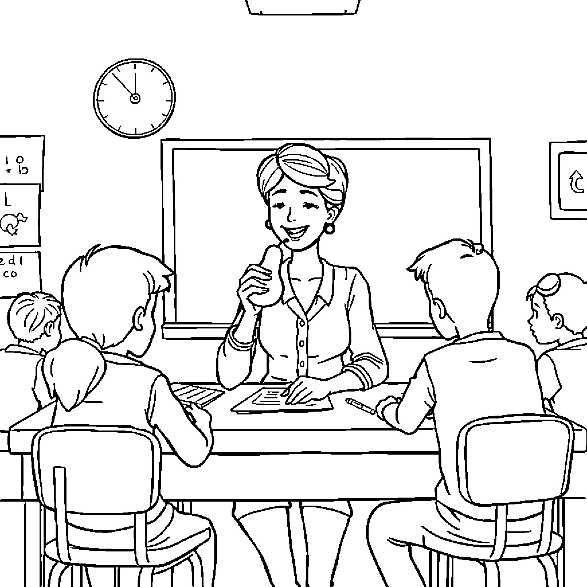 Teacher interacting with students in the classroom Coloring Page (free black-and-white line drawing printable PDF for all, from beginners to advanced learners, including children, teens, adults, and seniors)