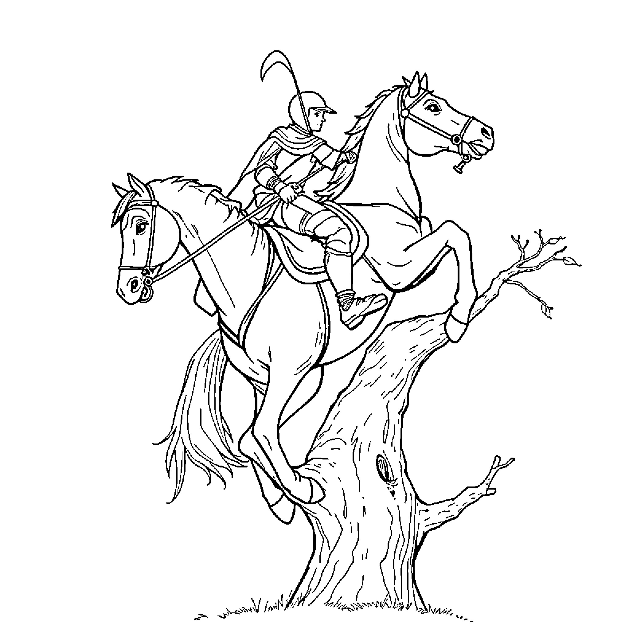 Cavalier on Horseback Leaping over Log Coloring Page (free black-and-white line drawing printable PDF for all, from beginners to advanced learners, including children, teens, adults, and seniors)