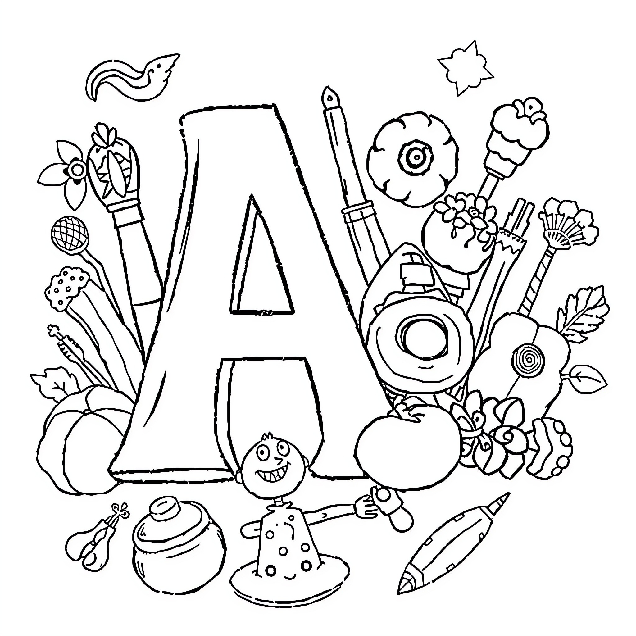 Letter A Filled with School and Art Supplies Coloring Page (free black-and-white line drawing printable PDF for all, from beginners to advanced learners, including children, teens, adults, and seniors)