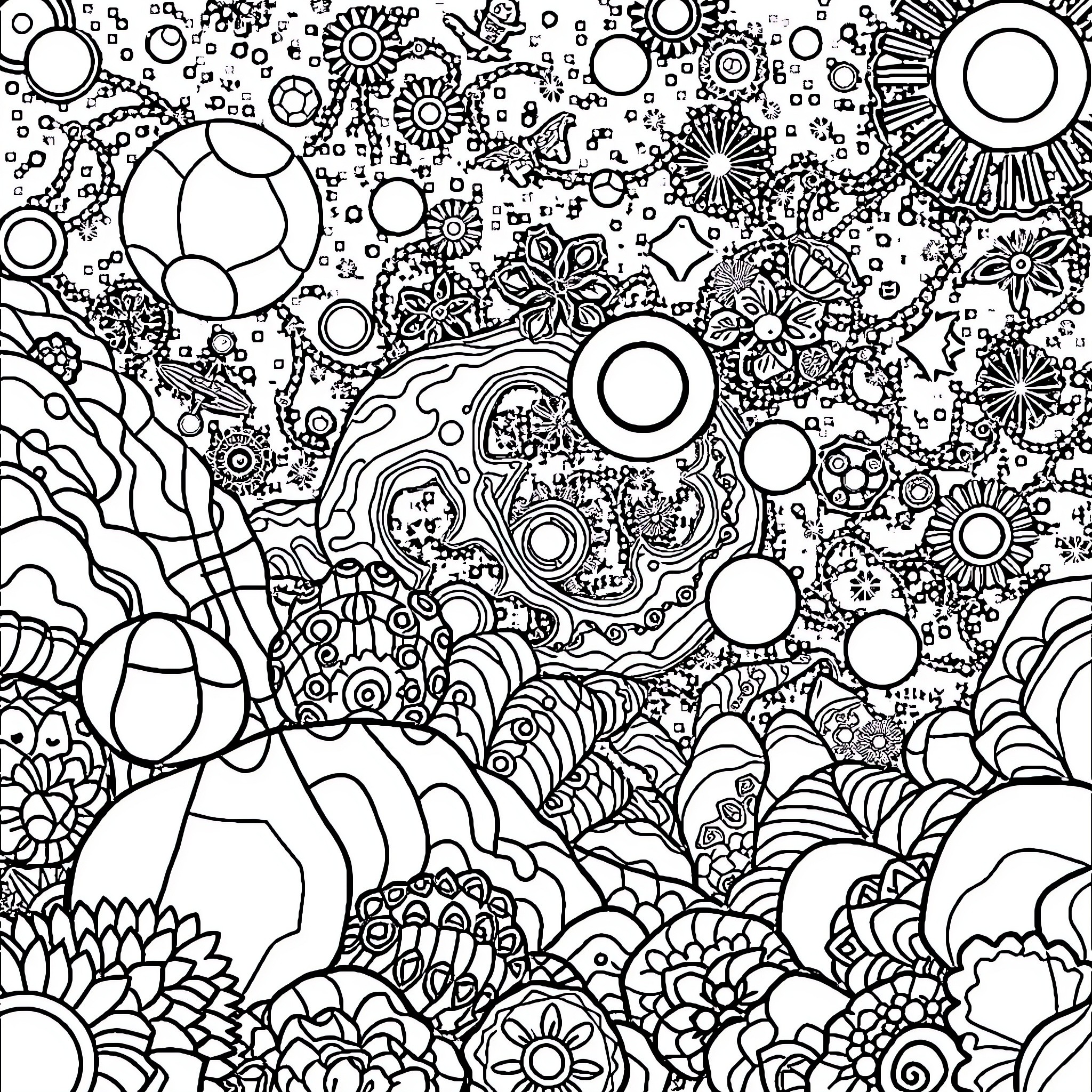 Universe of abstract patterns and geometric shapes Coloring Page (free black-and-white line drawing printable PDF for all, from beginners to advanced learners, including children, teens, adults, and seniors)