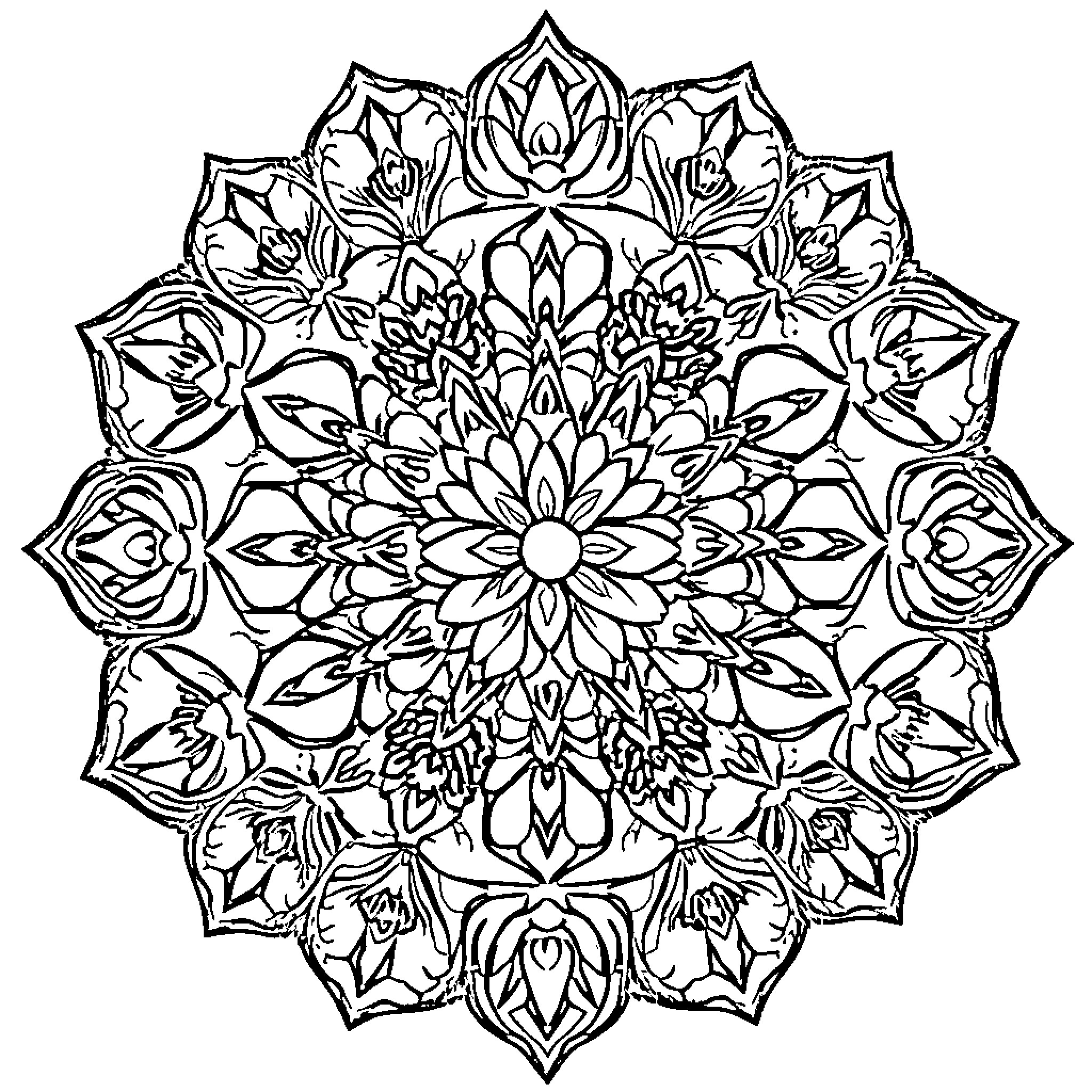 Winter Flower Intricate Mandala Design Coloring Page (free black-and-white line drawing printable PDF for all, from beginners to advanced learners, including children, teens, adults, and seniors)