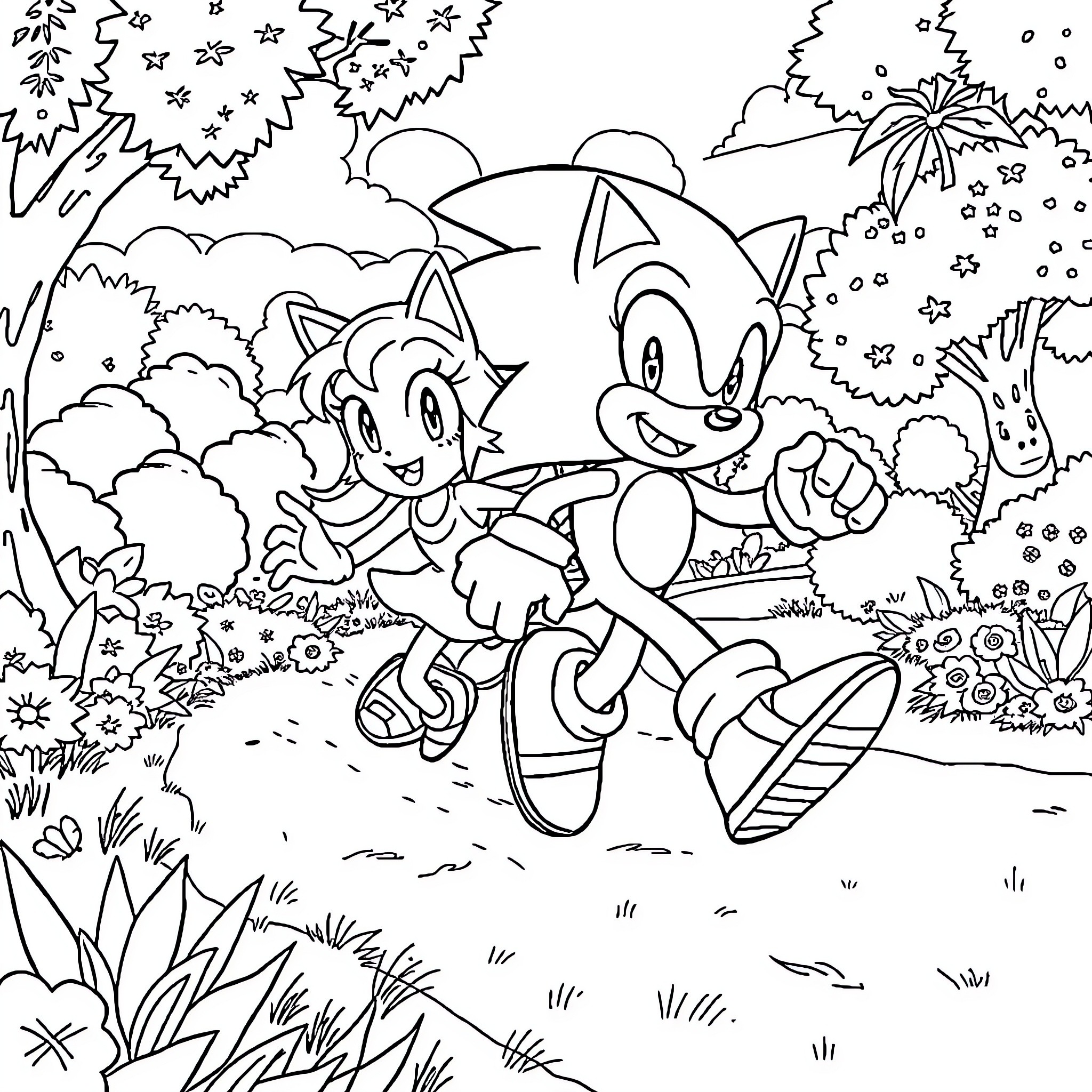 Sonic characters exploring the magical forest Coloring Page (free black-and-white line drawing printable PDF for all, from beginners to advanced learners, including children, teens, adults, and seniors)