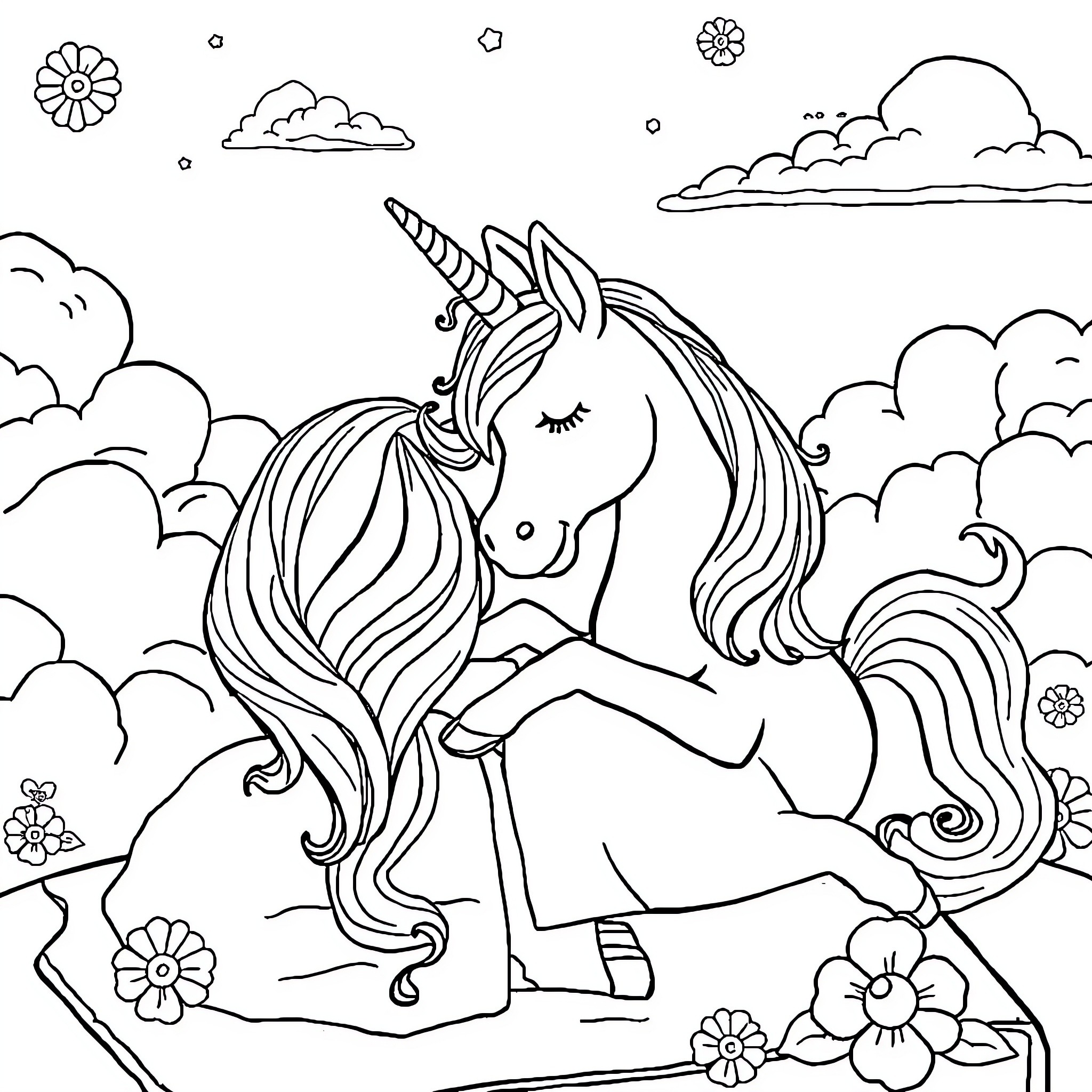 Unicorn resting peacefully amidst whimsical clouds and flowers Coloring Page (free black-and-white line drawing printable PDF for all, from beginners to advanced learners, including children, teens, adults, and seniors)