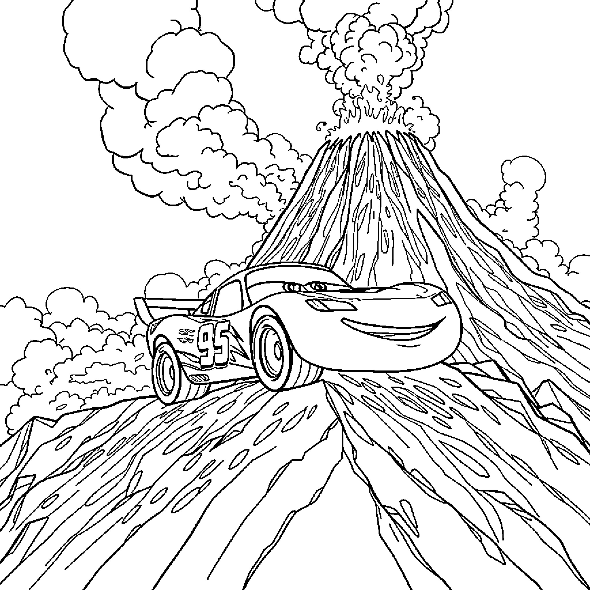 Lightning McQueen racing on a volcanic track Coloring Page (free black-and-white line drawing printable PDF for all, from beginners to advanced learners, including children, teens, adults, and seniors)