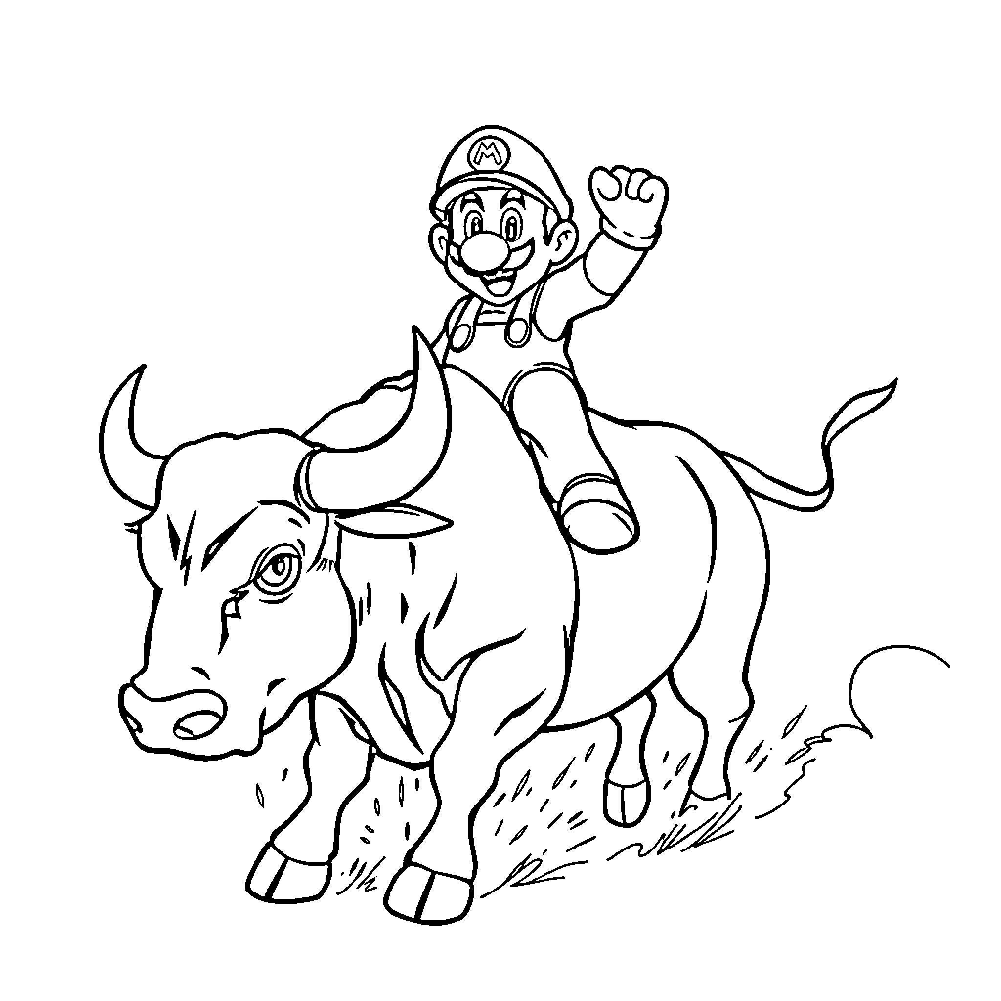 Mario riding a bull with excitement Coloring Page (free black-and-white line drawing printable PDF for all, from beginners to advanced learners, including children, teens, adults, and seniors)