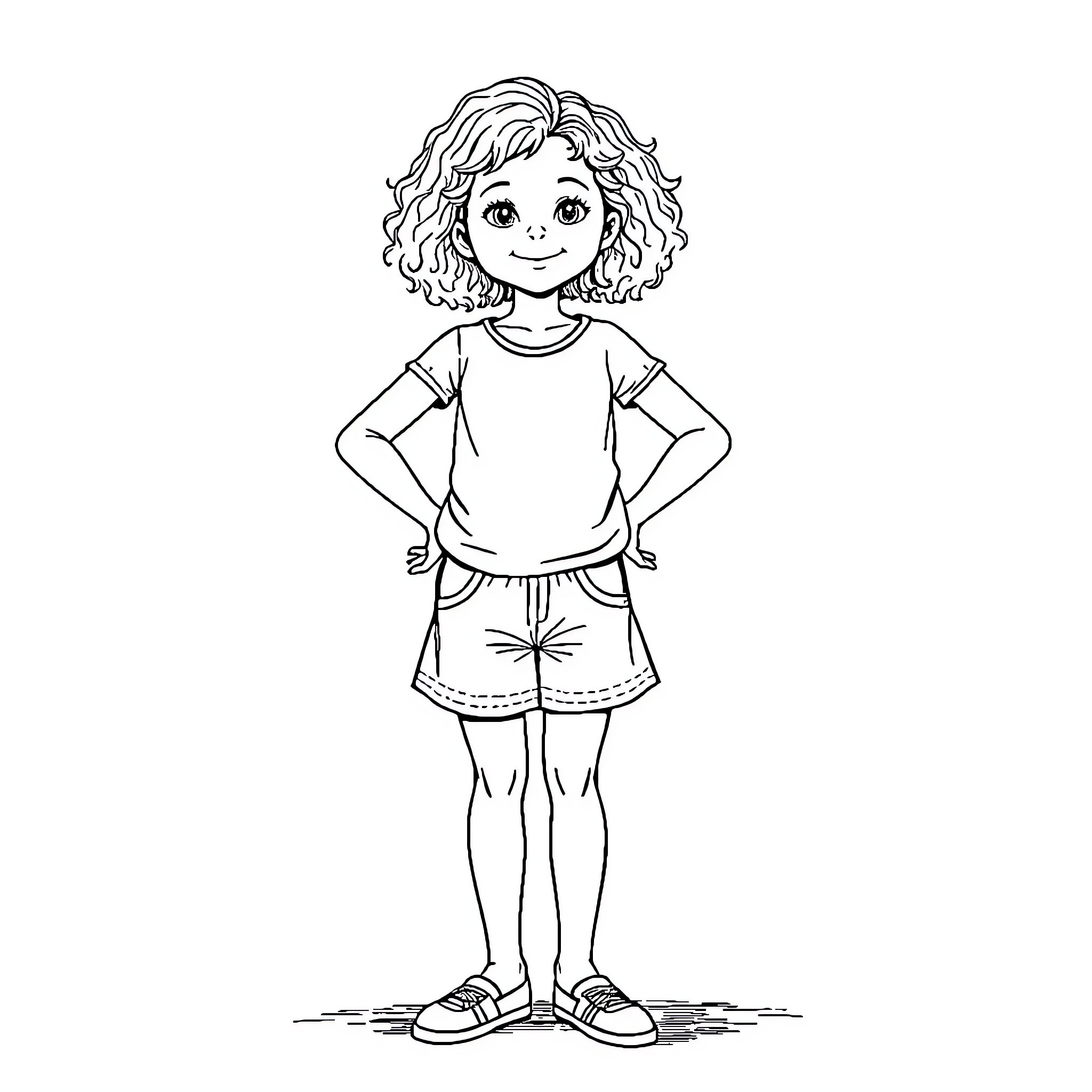 Girl with Curly Hair in Casual Outfit Coloring Page (free black-and-white line drawing printable PDF for all, from beginners to advanced learners, including children, teens, adults, and seniors)